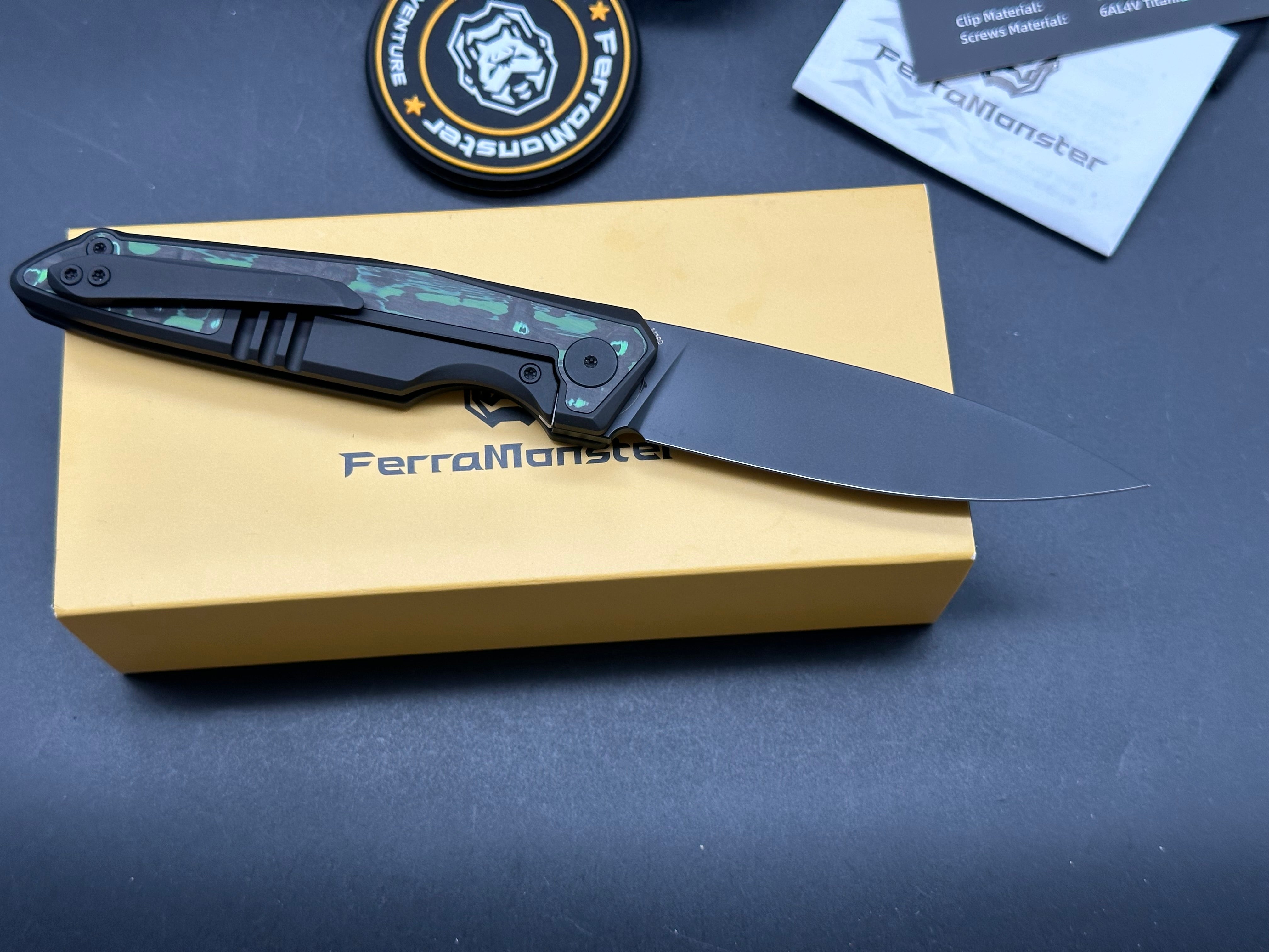 Ferramonster Urbangrip Black Titanium & Carbon Fiber Handle with M390 Blade - Premium EDC Folding Knife for Outdoor, Camping, and Everyday Carry