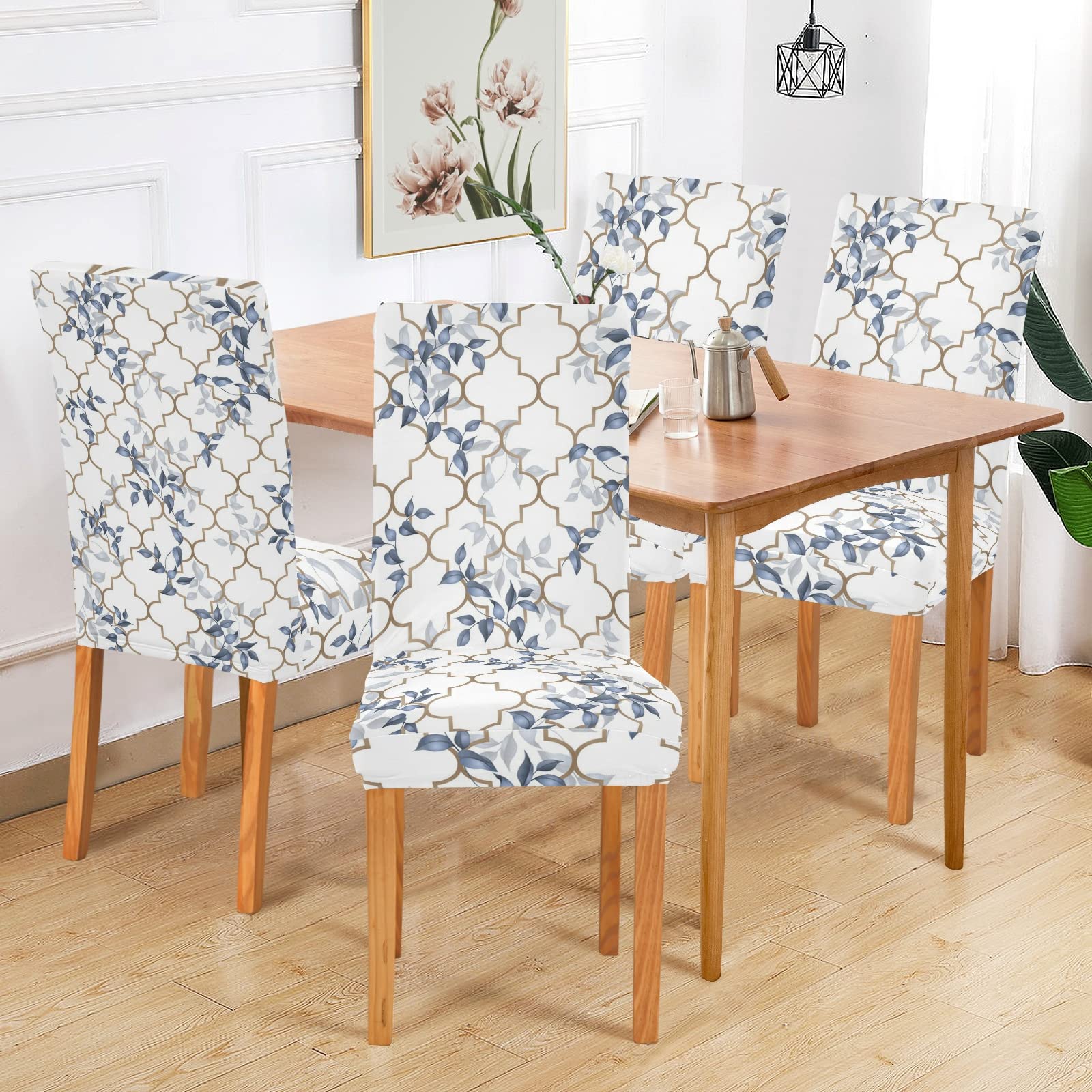 Classic Leaves Morocco Dining Chair Covers Set of 4 - Washable & Removable Stretch Slipcovers for Dining Chairs - Perfect for Dining Room, Ceremony, Party & Holiday Home Decor