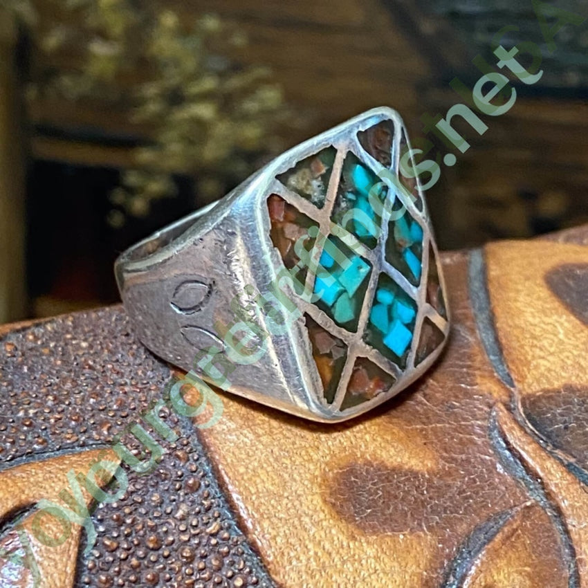 Authentic Southwest Style 925 Sterling Silver Ring with Turquoise Chip Mosaic - Size 9.5 - Handmade Native American Jewelry for Women - Perfect for Boho Fashion, Western Wear & Special Occasions