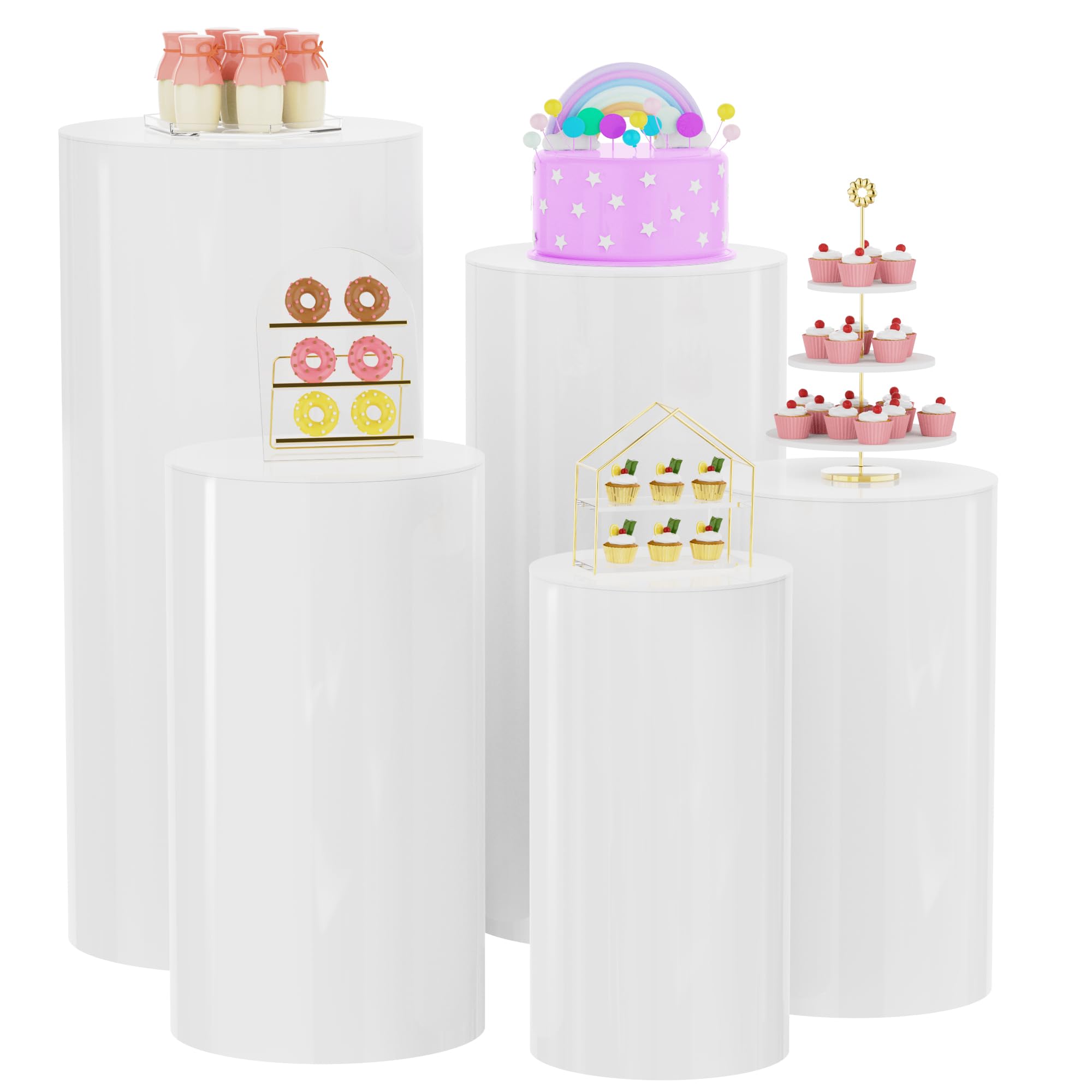 White Cylinder Pedestal Stand Set of 5 - Round Display Plinth Pillars for Wedding, Birthday Party Decor | Elegant Event Centerpiece & Dessert Table Display