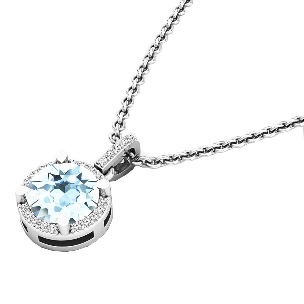 6.5mm Round Gemstone & White Diamond Women's Halo Pendant Necklace - 10K Solid White Gold with Silver Chain | Elegant Jewelry Gift for Anniversary, Birthday & Special Occasions