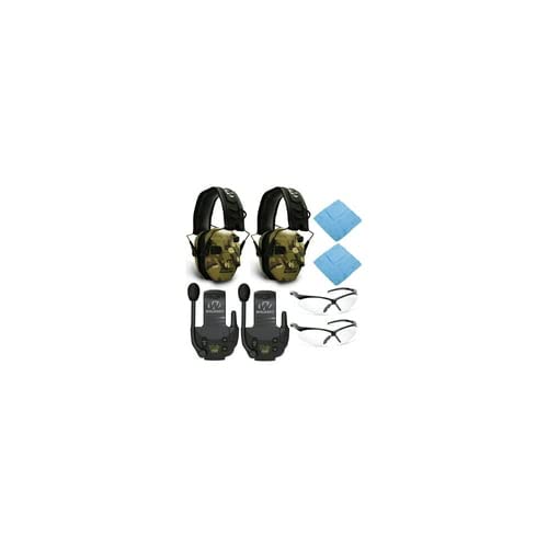 Walker's Razor Slim Electronic Shooting Ear Protection Muffs (MultiCam Camo Tan, 2-Pack) Bundle with 2-Way Radios, Tactical Shooting Glasses & Microfiber Cleaning Cloths (8-Piece Set) for Hunting, Range Training & Outdoor Sports Activities