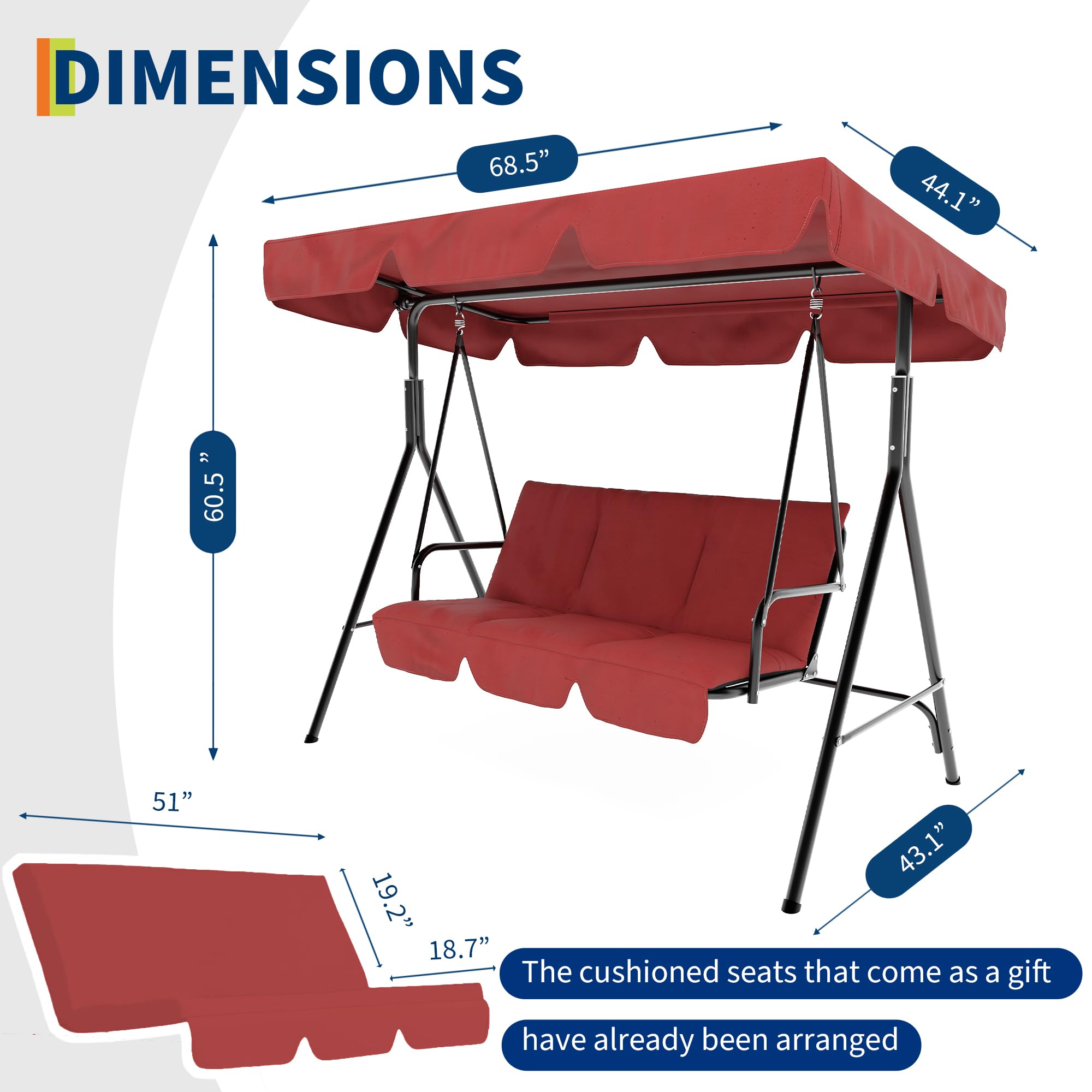 GARVEE 3-Person Patio Swing Chair with Convertible Canopy & Adjustable Tilt - Outdoor Hanging Glider Lounge for Porch, Garden, Backyard - Comfortable Red Swing for Relaxing, Reading & Enjoying Nature