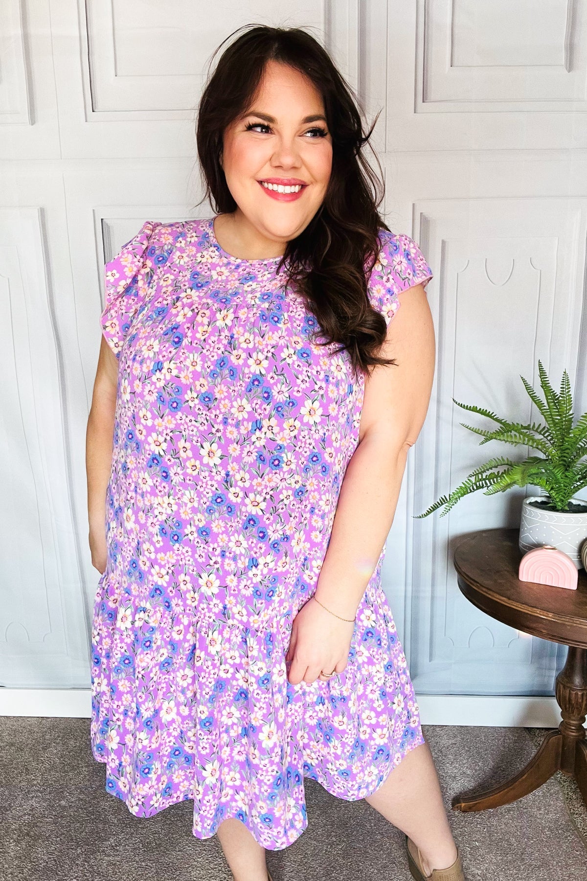 Elegant Lilac Floral Tiered Ruffle Sleeve Woven Dress for Women | Summer Wedding Guest Outfit | Garden Party & Date Night Dress