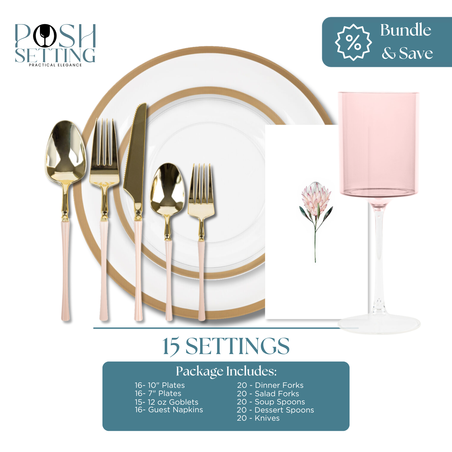 Pink and Gold Disposable Plastic Party Tableware Set - 15-Piece Elegant Contrast Dinnerware Bundle for Birthday, Wedding, Baby Shower Celebrations