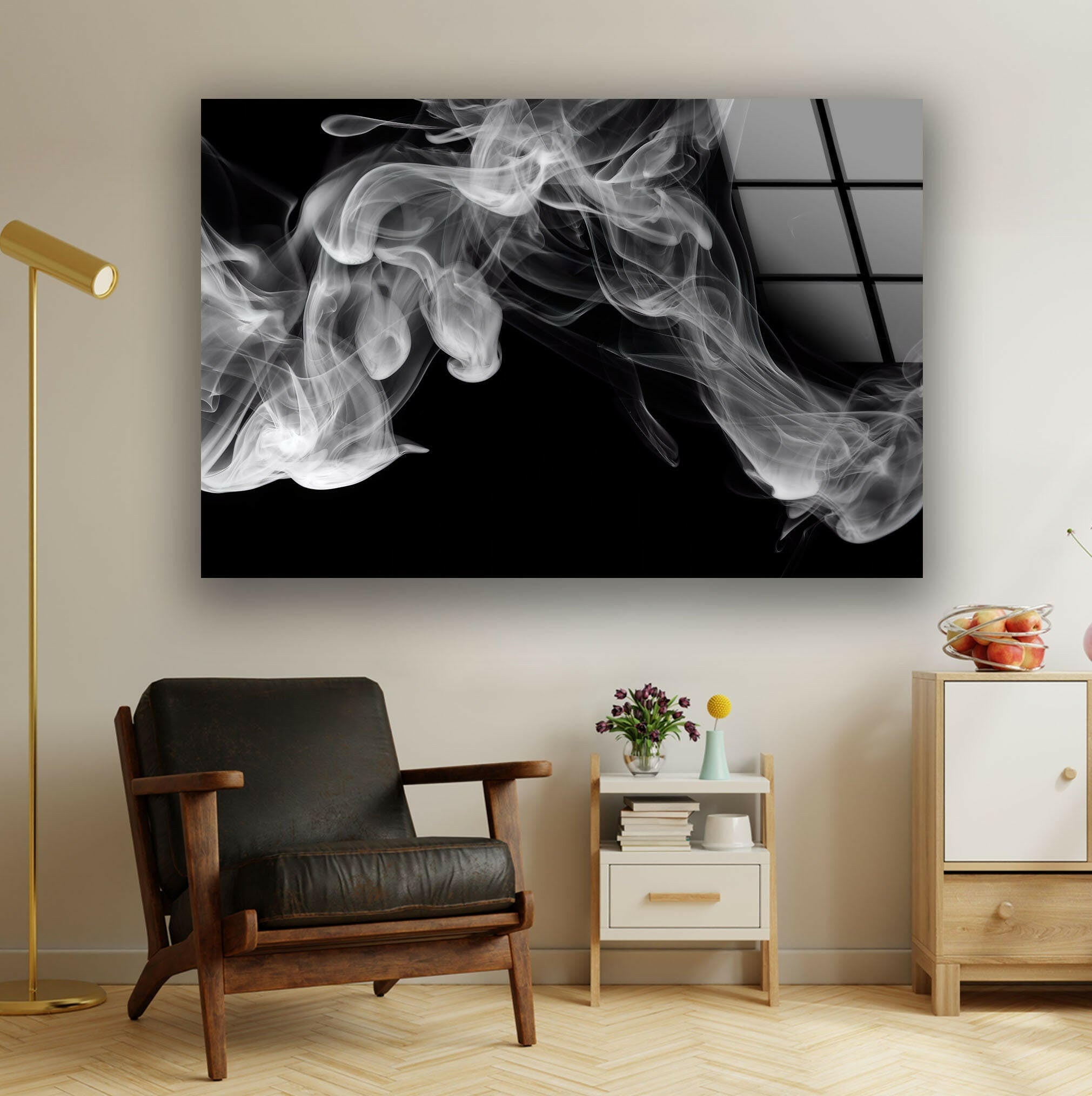 Black Smoke Glass Wall Art - Modern Abstract Home Decor for Living Room, Bedroom & Office - Elegant Handmade Glass Panel for Stylish Interior Design