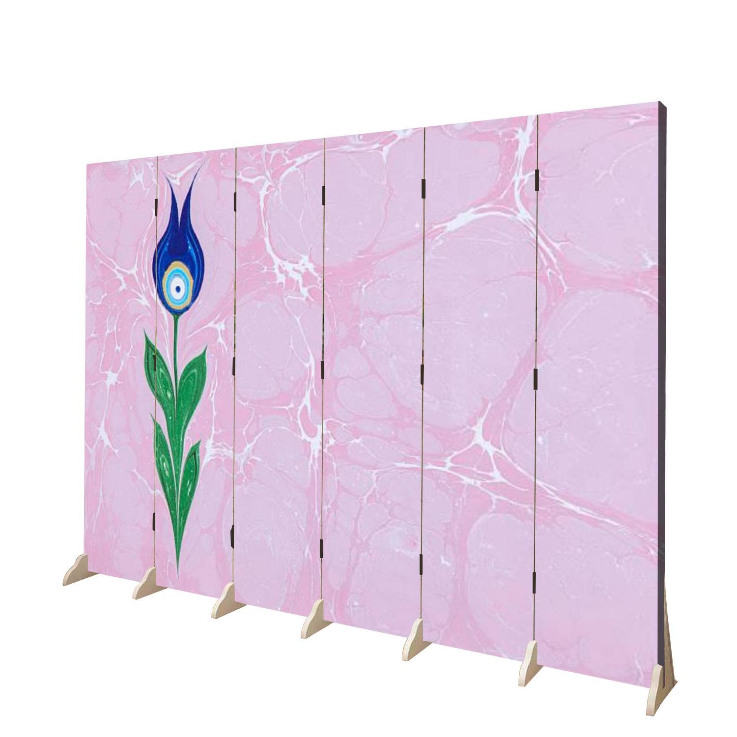 6 Panel Folding Room Divider - Japanese Shoji Style Privacy Screen with Ebru Turkish Marbling Art - Temporary Wall Partition for Home Office, Bedroom Separation & Studio Space Divider