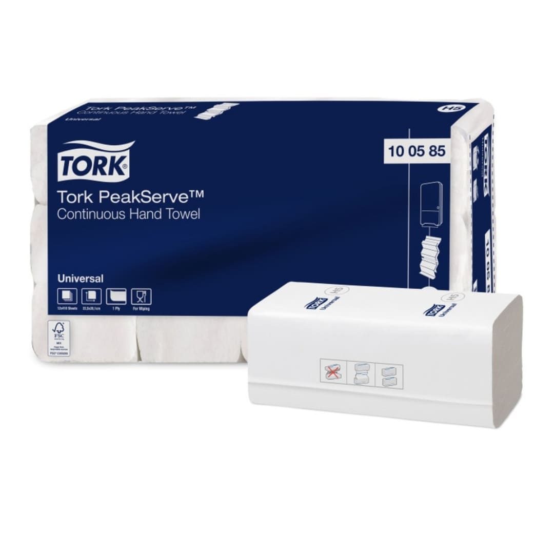 Tork PeakServe Universal 1-Ply White Hand Towels - 410 Sheets per Roll, Case of 12 Packs (100585 H5) - Ideal for Restrooms, Kitchens, Offices & Commercial Use