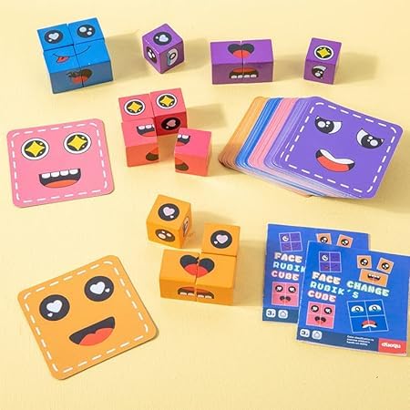 KIDDIVILLA Wooden Emoji Cube - Face Changing Expression Matching Puzzle Game for Kids Ages 3+ | Fun Educational Toy for Emotional Learning & Family Game Night