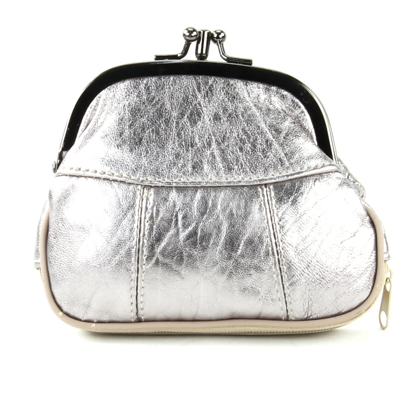 Genuine Leather Double Coin Purse for Women - Twist Clasp Wallet with Zipper Pocket | Lightweight Small Purse for Cash & Cards | Perfect for Travel, Shopping & Everyday Use (Silver)