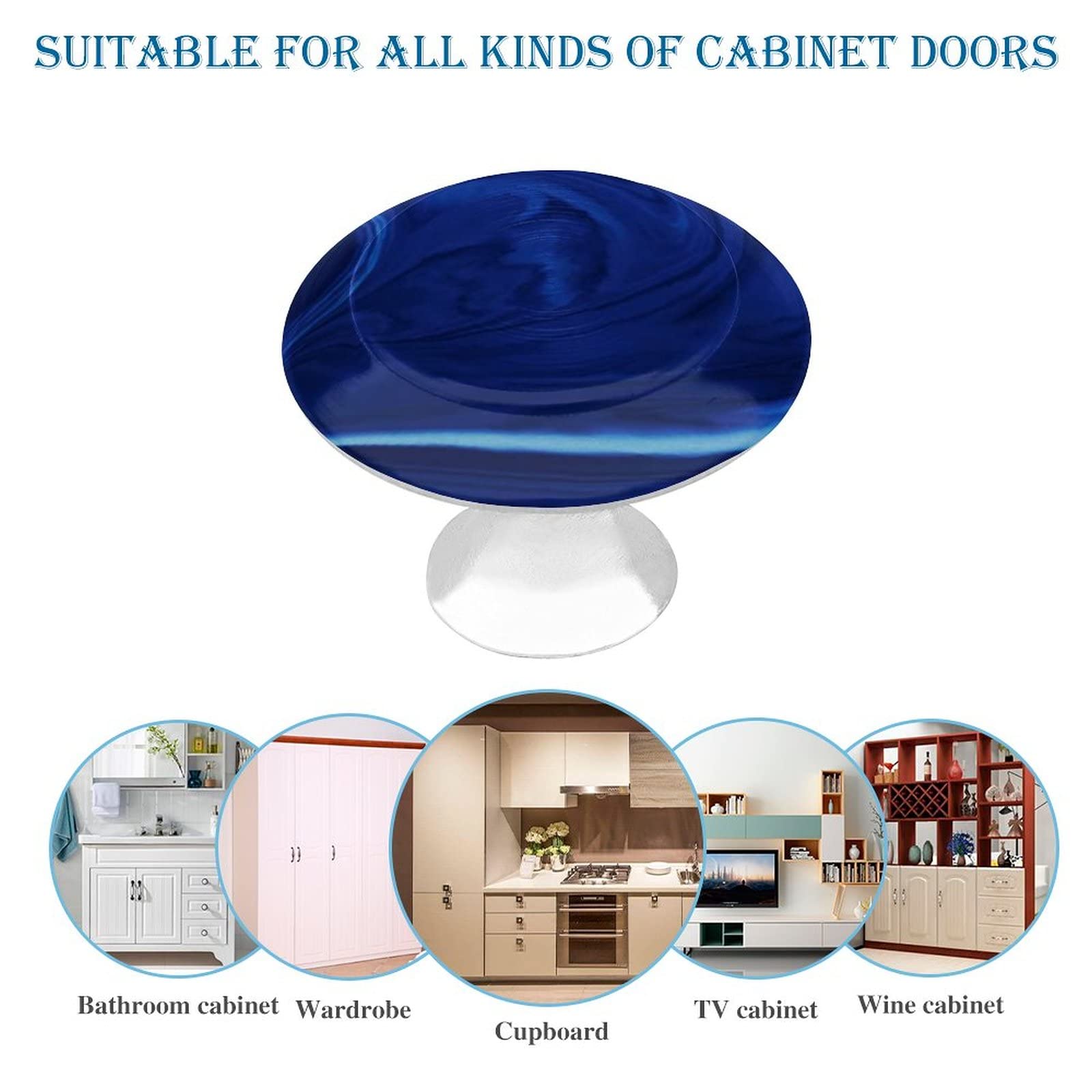 6 Pack Brushed Nickel Silver Round Cabinet Knobs with Navy Stone Cobalt Blue Talisman Design - Drawer Pulls & Kitchen Cabinet Handles with Screws - Perfect for Dressers, Kitchen Cabinets & Home Decor Upgrade