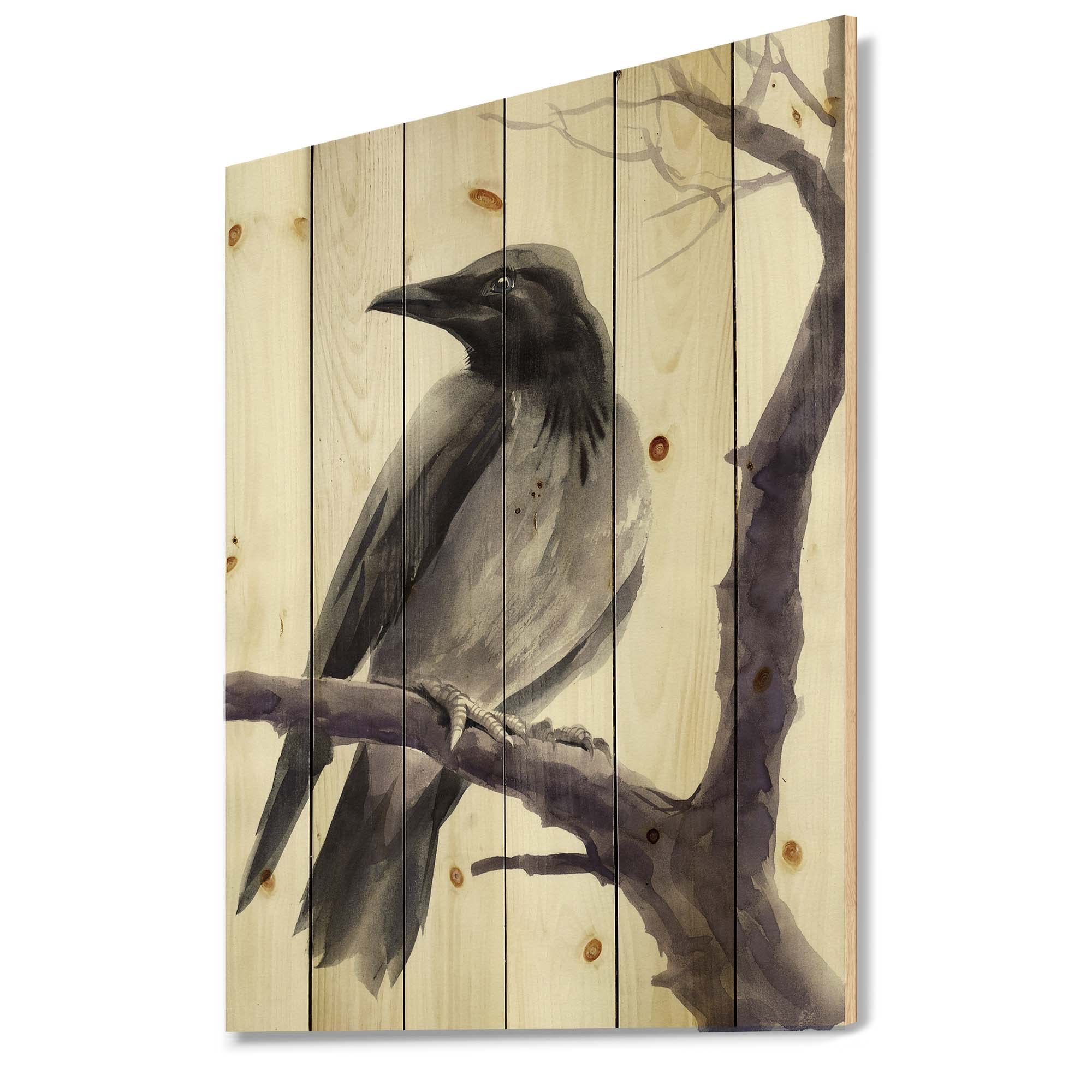 DesignQ Big Crow on Branch Traditional Wood Wall Art - Grey Large Animal Wall Decor, Natural Pine Wood Panel Print - Perfect for Living Room, Bedroom & Office Decor