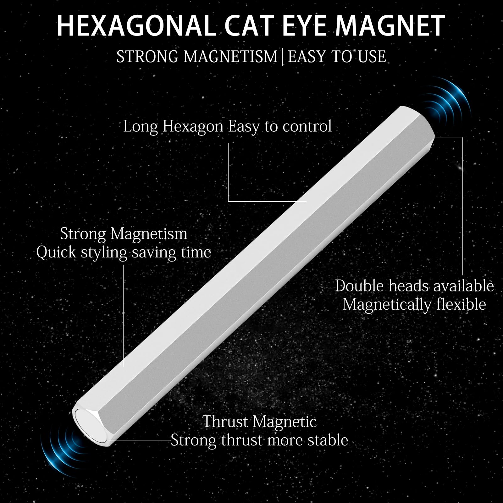 Professional Double-Ended Hexagon Cat Eye Nail Magnet Stick for Gel Polish - Strong Magnetic Effect for Stunning Cat Eye Nails - Perfect for DIY, Nail Studio & Salon Use (Silver) | Create Salon-Quality Magnetic Nail Art at Home or Professional Nail Services