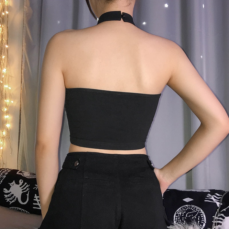 Sexy Black Backless Gothic Punk Crop Top with Choker Collar - Sleeveless Patchwork Design for Women | Perfect for Nightclubs, Concerts & Gothic Fashion Outfits