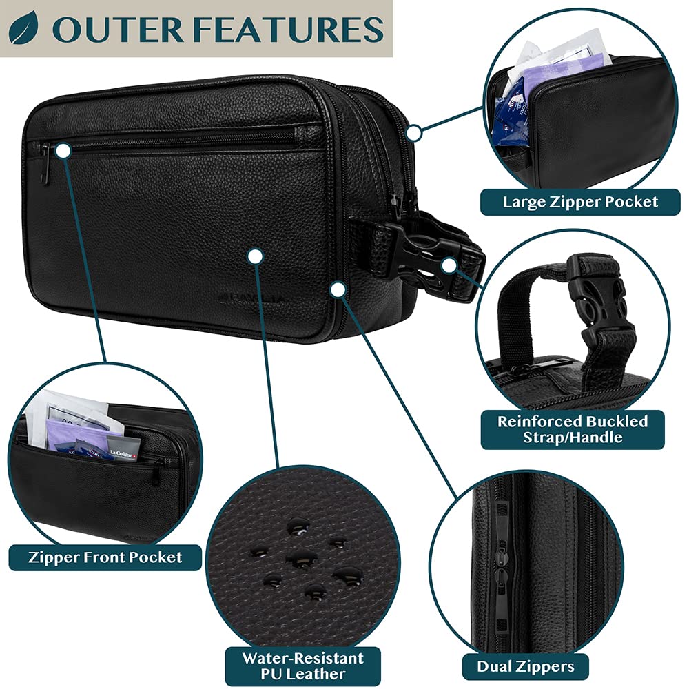 PAVILIA Men's Travel Toiletry Bag - Waterproof PU Leather Dopp Kit Organizer for Shaving, Cosmetics & Grooming Essentials | Perfect for Business Trips, Gym & Vacation (Black)