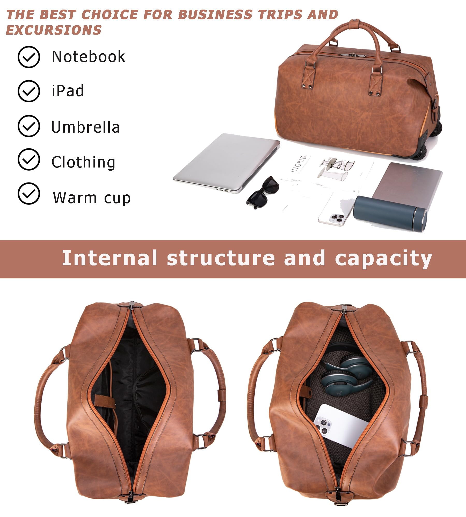Premium Leather Travel Duffel Bag with Wheels - Waterproof Unisex Weekender & Toiletry Carry-On Suitcase for Overnight Trips (Brown) | Business Travel, Gym Bag, Weekend Getaways & Airplane Luggage