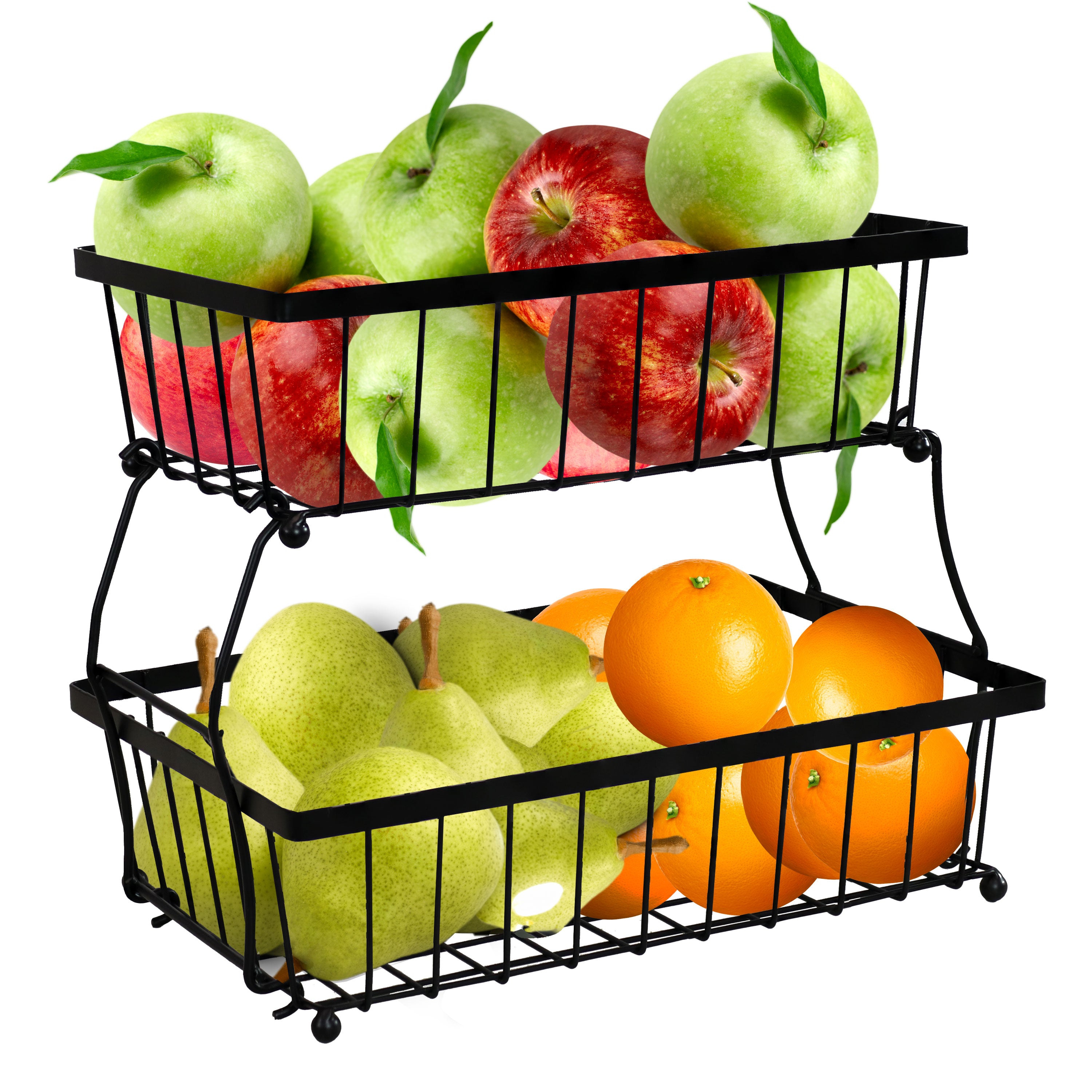 Sunnydaze Collapsible 2-Tier Fruit Basket - Space Saving Black Wire Kitchen Organizer for Countertop, Dining Table & Pantry Storage