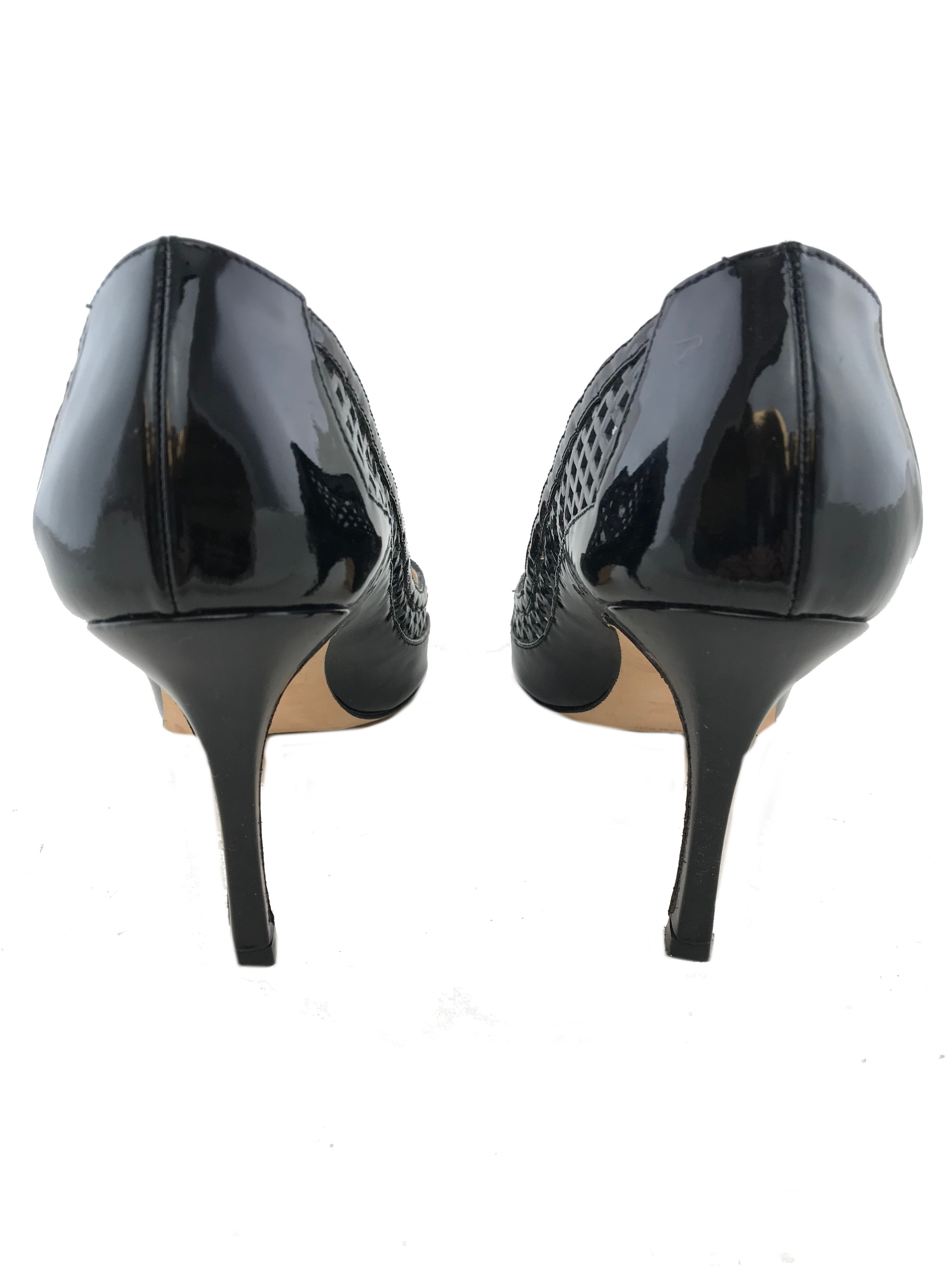 Manolo Blahnik Women's Patent Leather Laser Cut Pointed Toe Pumps - Size 7.5 US | Elegant High Heel Shoes for Weddings, Parties & Office Wear