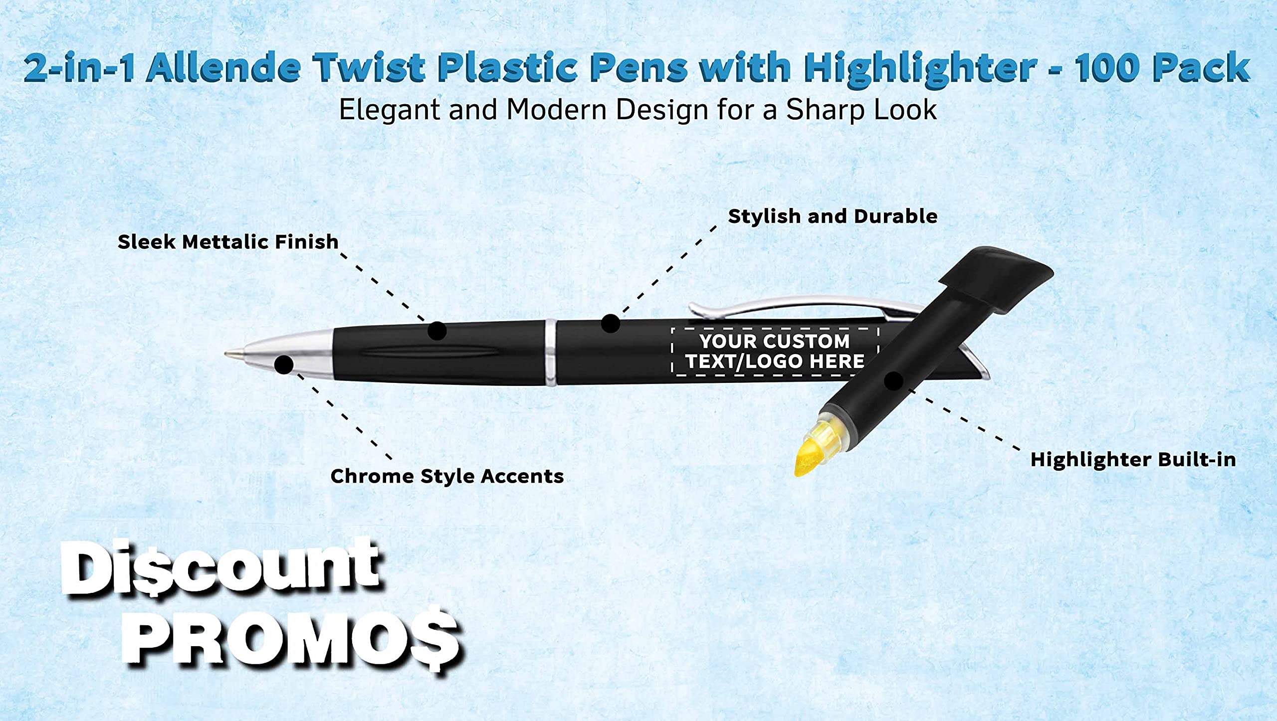 100 Pack Allende Twist Plastic Pens with Highlighter - Custom Text & Logo Printing - Durable Black Ink Ballpoint Pens for Office, School & Business Promotions - Bulk Promotional Pens for Corporate Gifts & Events