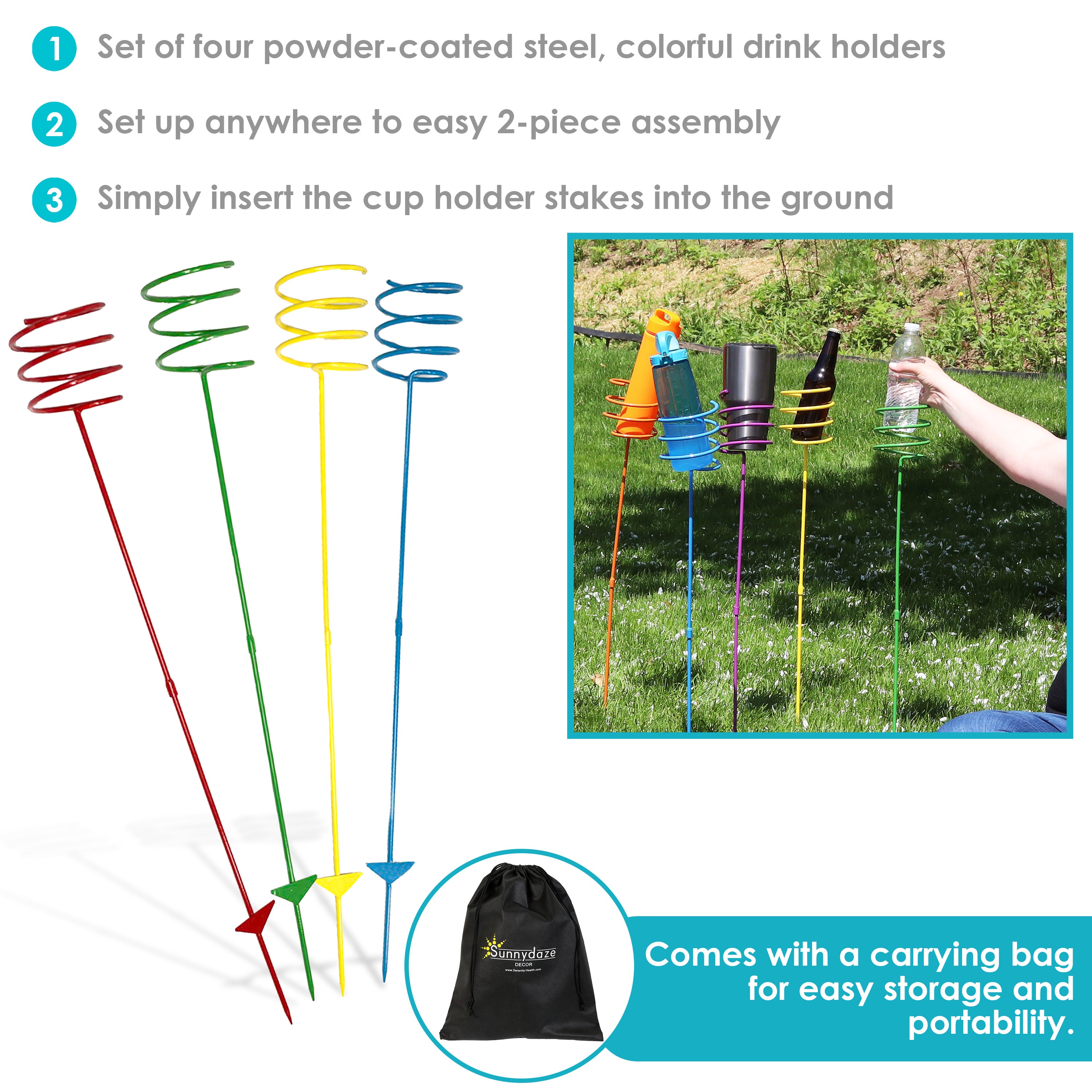 Sunnydaze Heavy Duty Metal Drink Holder Stakes - 4-Pack, Multicolor - Perfect for Outdoor Parties, BBQs, Picnics & Beach Use