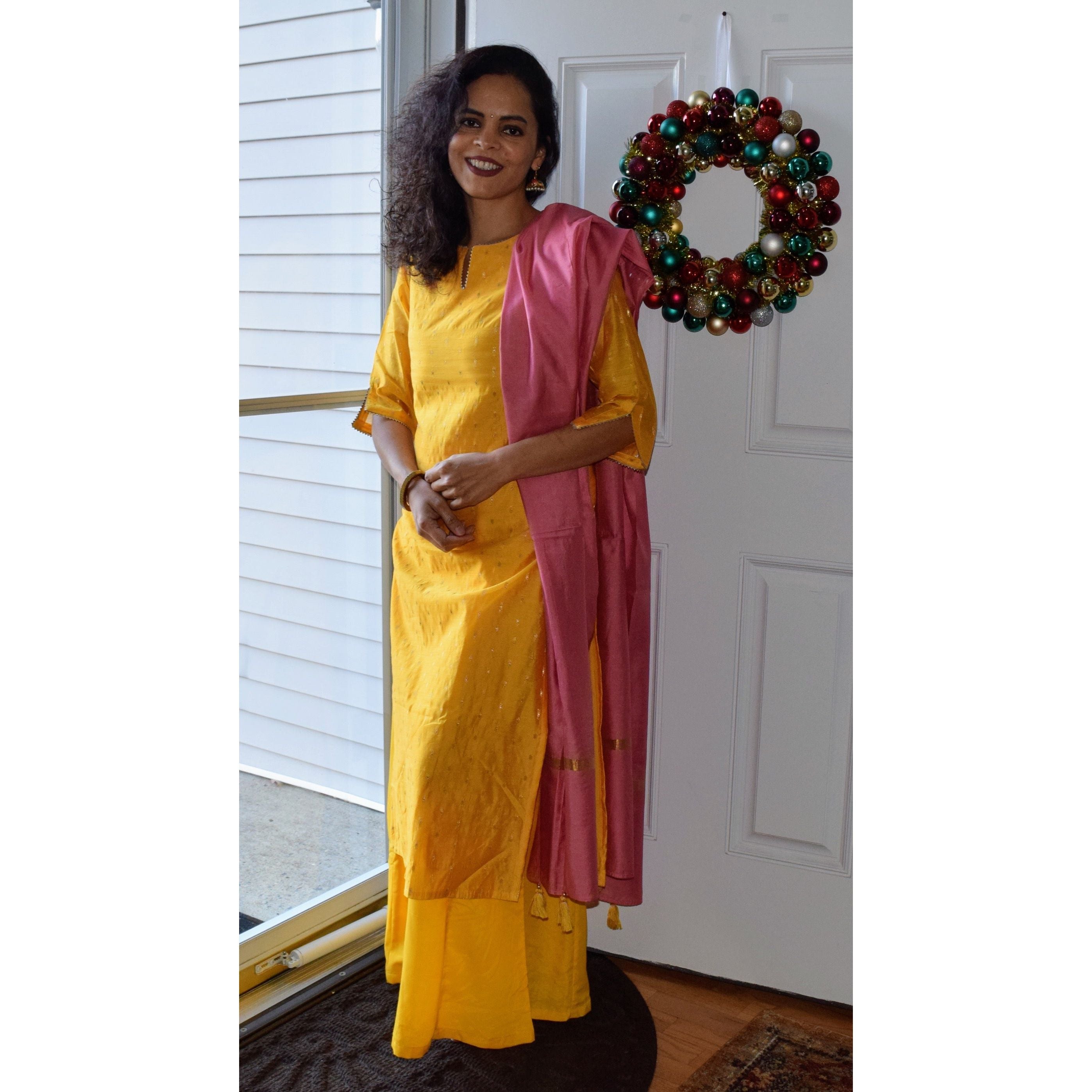 Elegant Yellow and Gold Printed Chanderi Silk Kurta Set for Women | Traditional Indian Ethnic Wear | Perfect for Festivals, Weddings & Special Occasions