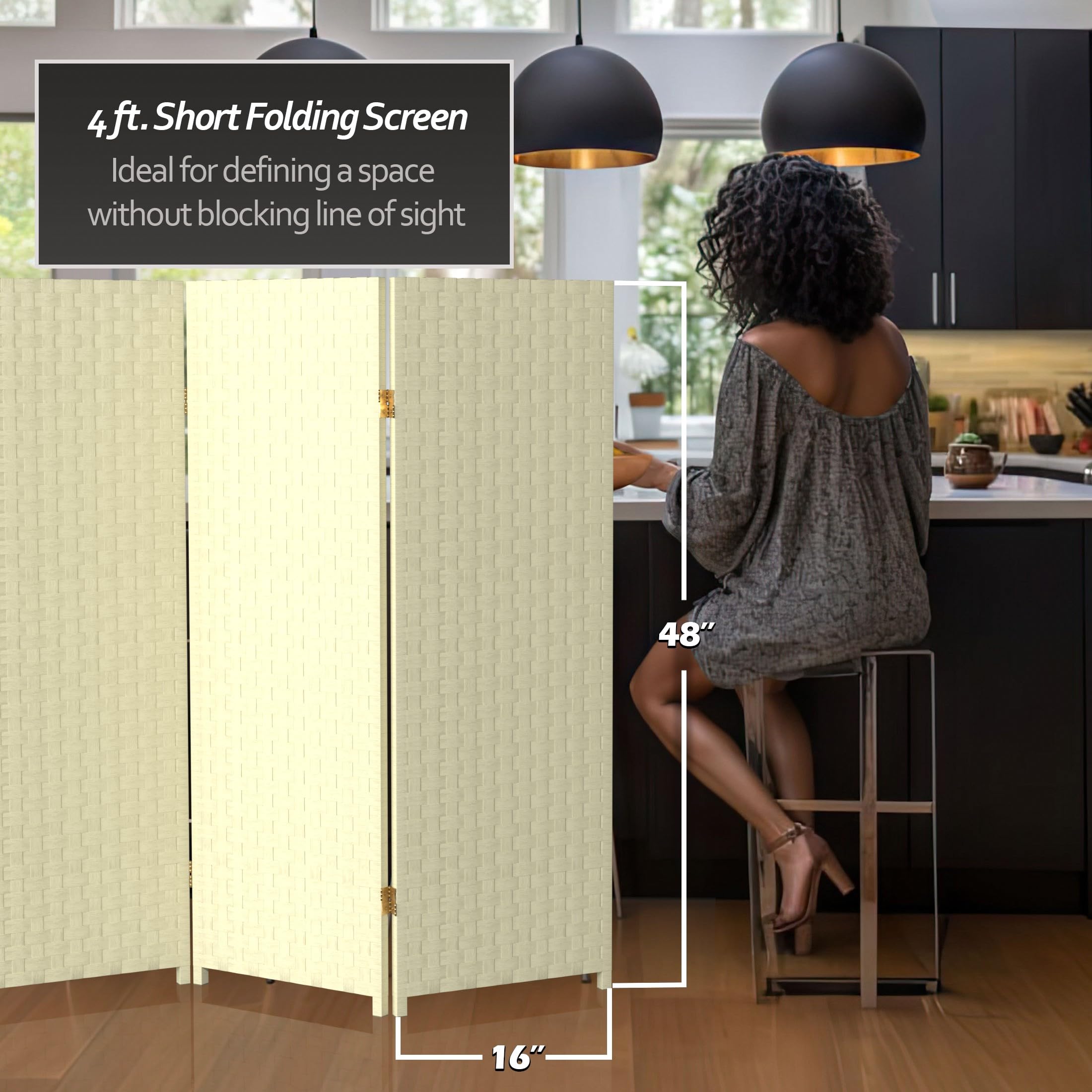 4 ft. Short Woven Fiber Folding Room Divider Screen - Cream - 3 Panel Privacy Partition for Home, Office, or Studio Decor