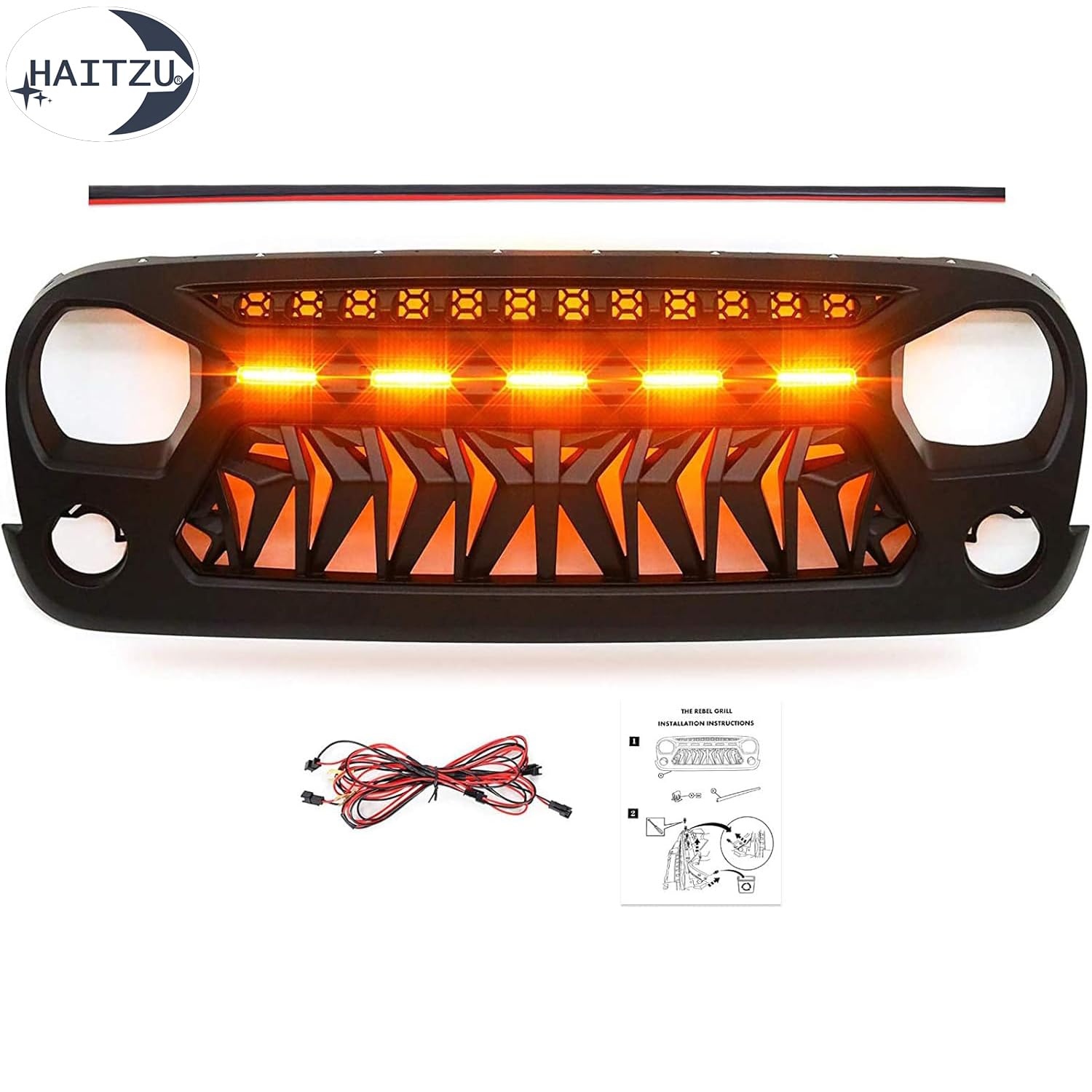 Jeep Wrangler JK Grille Guard (2007-2018) - Matte Black Shark Grille with 5 Amber LED Lights | Compatible with Unlimited, Rubicon & Sahara Models | Off-Road Protection & Style Upgrade for Adventure Enthusiasts