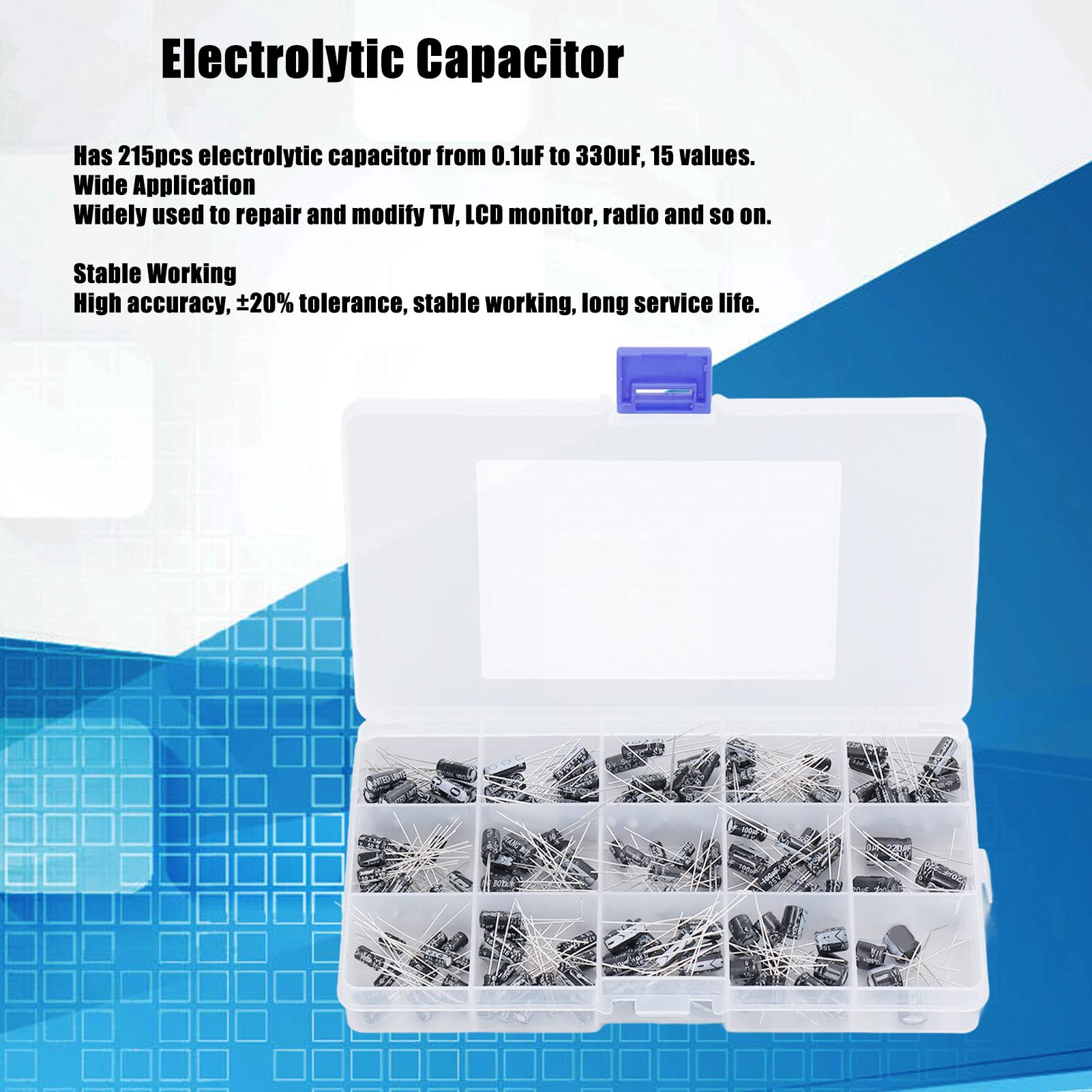 High-Quality 215Pcs Electrolytic Capacitor Kit (0.1uF-330uF, ±20% Tolerance) - Stable 15 Value Assortment for TV, Radio & Electronics Repair | DIY Projects, Circuit Board Replacement, Home Appliance Maintenance
