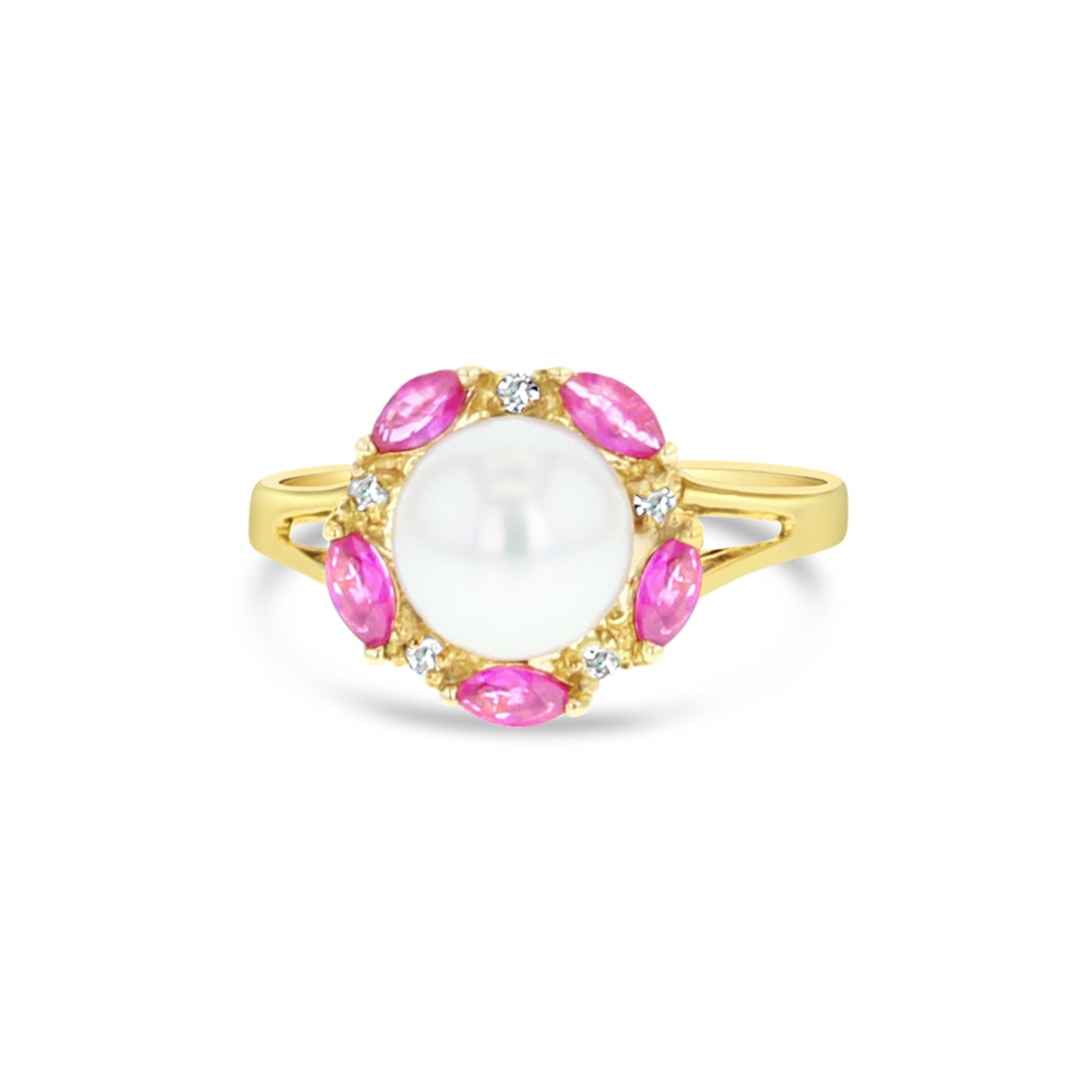 7MM Freshwater White Pearl & Ruby Diamond Halo Ring in 14k Yellow Gold - Elegant Jewelry for Weddings, Anniversaries & Special Occasions