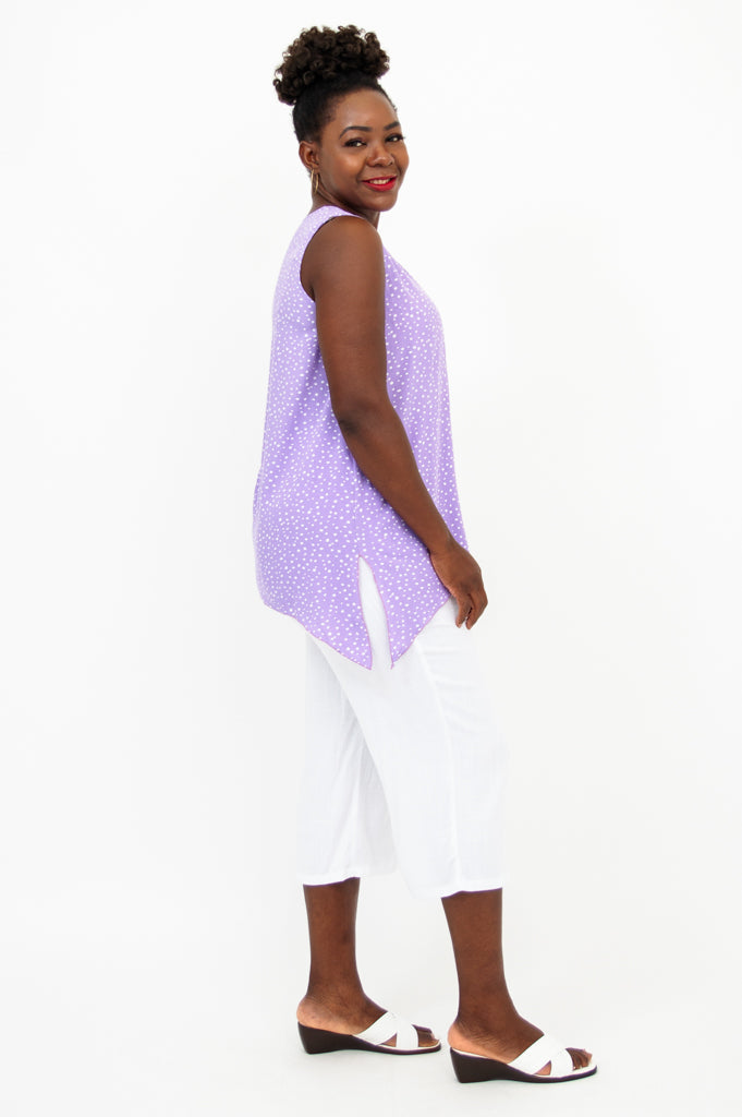 Dotty Tank Top - Purple Polka Dot Women's Casual Shirt for Summer Outfits & Beach Wear