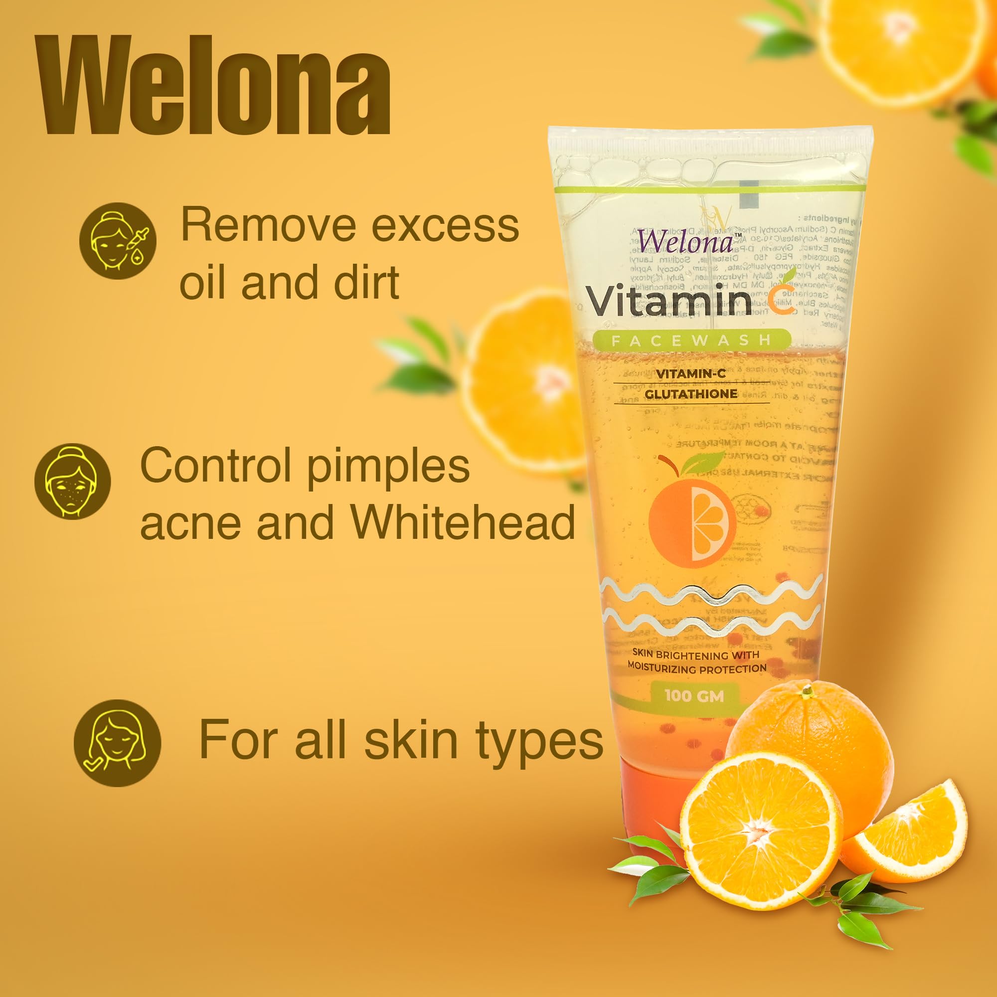 Welona Vitamin C Gel Face Wash for Brightening Skin & Blackhead Control | Sulfate & Paraben Free with Built-in Foaming Brush | Best for Daily Skincare & Acne-Prone Skin