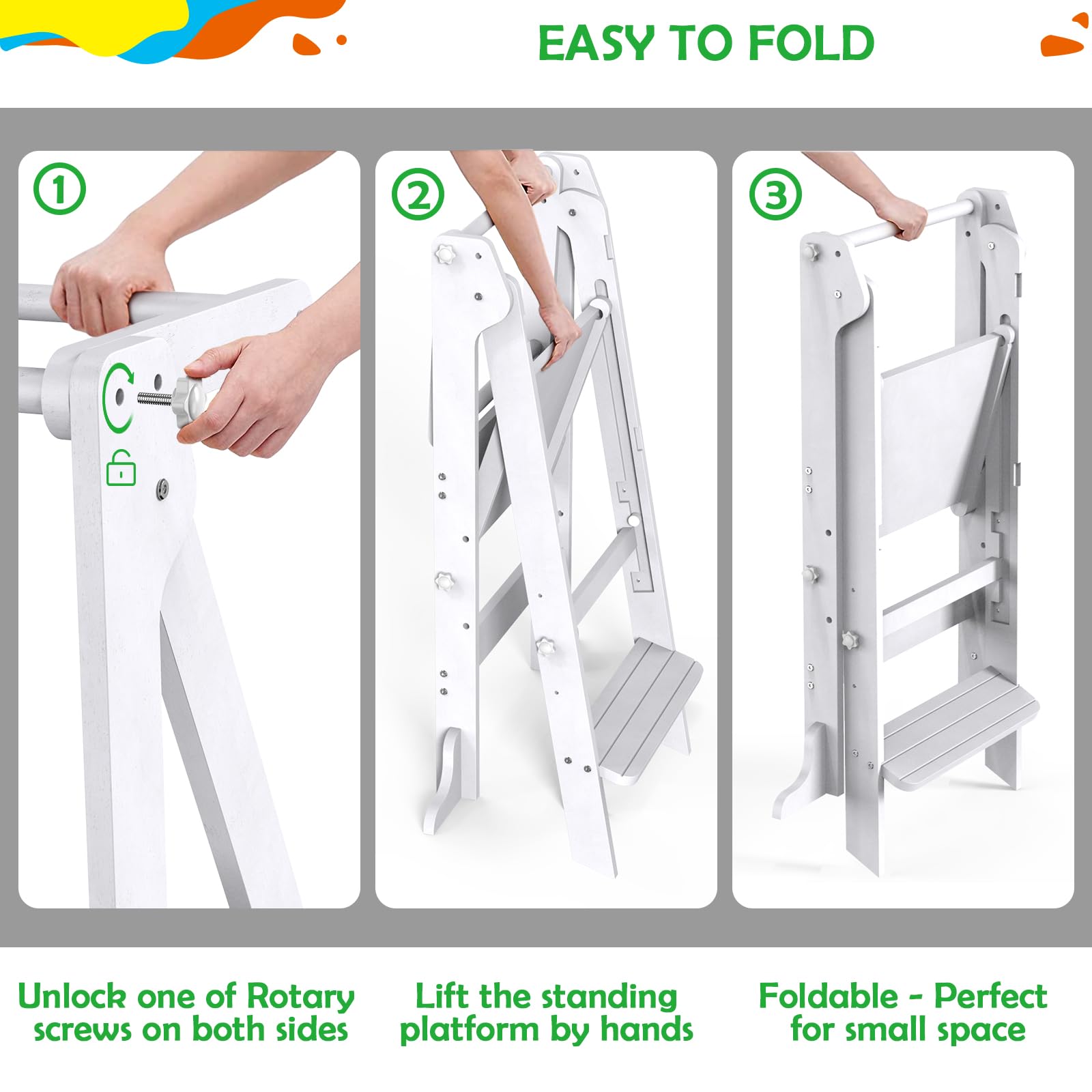 Foldable Toddler Tower with 3 Adjustable Heights & Double-Sided Drawing Board - Montessori Kitchen Step Stool with Safety Rail - Learning Stool for Kids - Standing Helper for Counter, Bathroom Sink (White) - Perfect for Cooking, Bathing & Creative Play