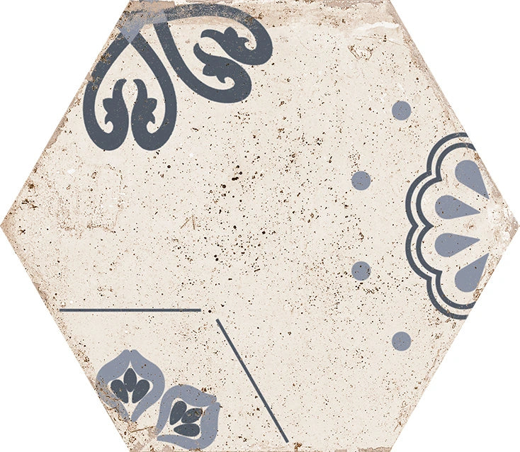 Hexagon Porcelain Tile 9 Inch - Castellon Nora Azul Blue Pattern for Kitchen Backsplash, Bathroom Floor & Wall Decor
