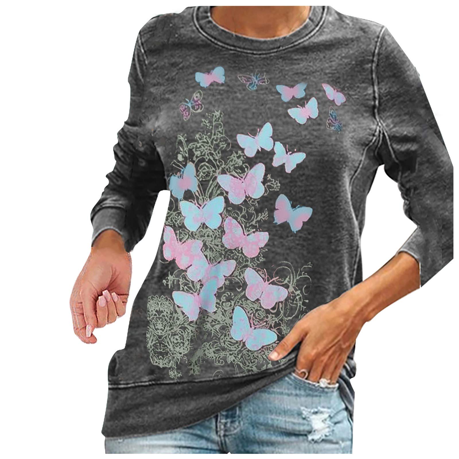 Women's Casual Long Sleeve Blouse with Waistband - Loose Fit Butterfly Print Tunic Top for Leggings | Perfect for Work, Date Night & Everyday Wear