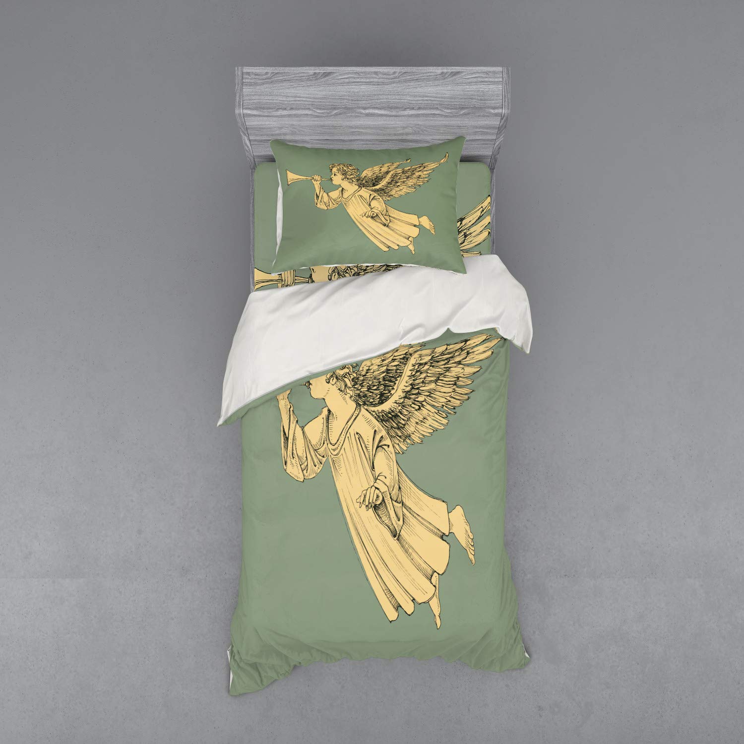 Ambesonne Christmas 3-Piece Bedding Set - Twin Size Duvet Cover with Sham & Fitted Sheet, Flying Angel with Trumpet Mythological Artwork in Yellow Mint | Holiday Home Decor for Bedroom, Guest Room & Christmas Gifts