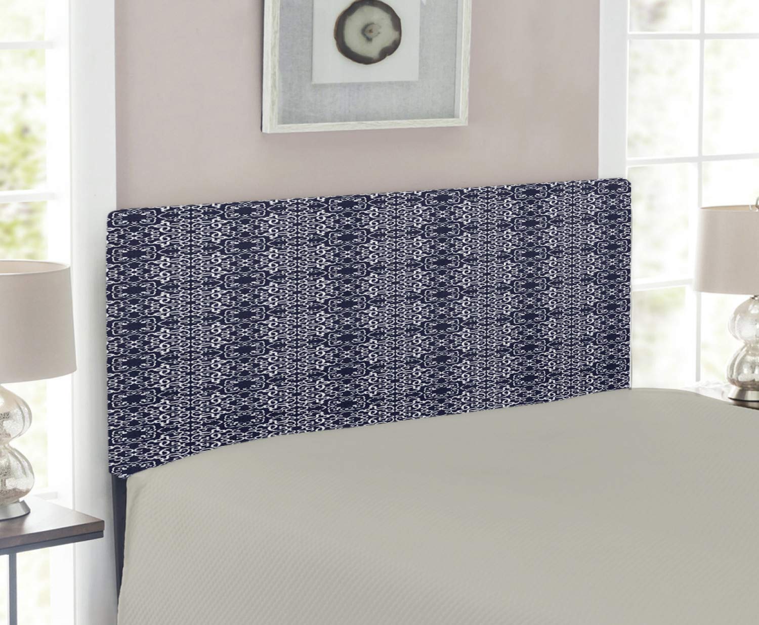 Ambesonne Navy Blue Twin Size Upholstered Headboard with Memory Foam - Japanese Inspired Swirl & Curlicue Design - Decorative Metal Bed Frame Headboard for Bedroom, Guest Room or Dorm (Navy Blue & White)