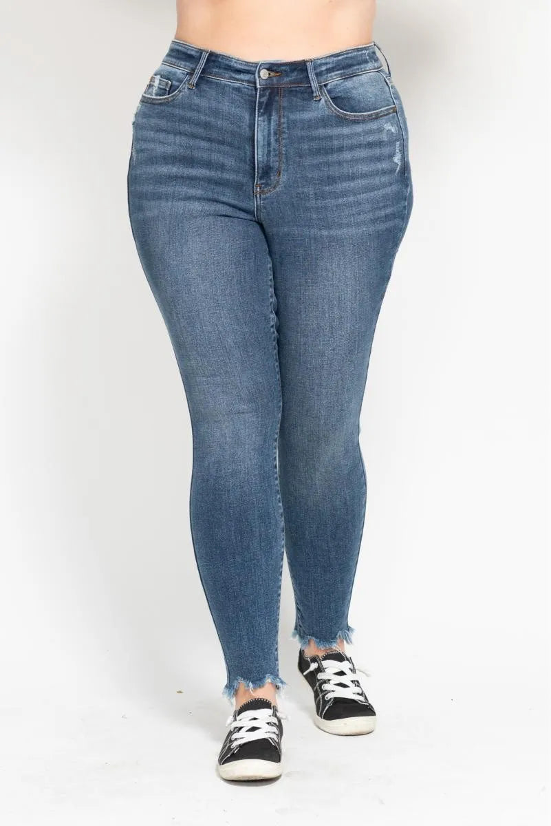 Judy Blue Plus Size High Waist Skinny Jeans with Distressed & Shark Bite Hem - Trendy Women's Denim Pants for Casual Wear & Night Out