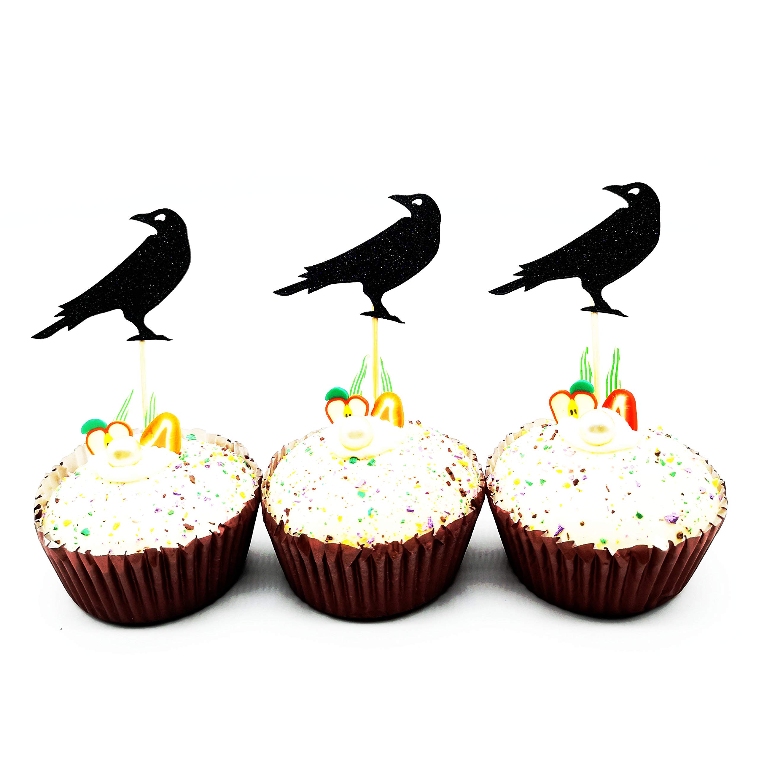 Black Raven Cupcake Toppers - Spooky Halloween Bird Decorations for Cupcakes, Cakes & Party Desserts - Perfect for Halloween Parties, Gothic Weddings & Themed Events