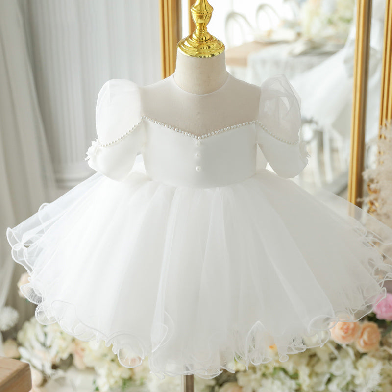 White Organza Flower Girl Dress with Beaded Cascading Ruffles - Perfect for Weddings, Baptisms & Special Occasions
