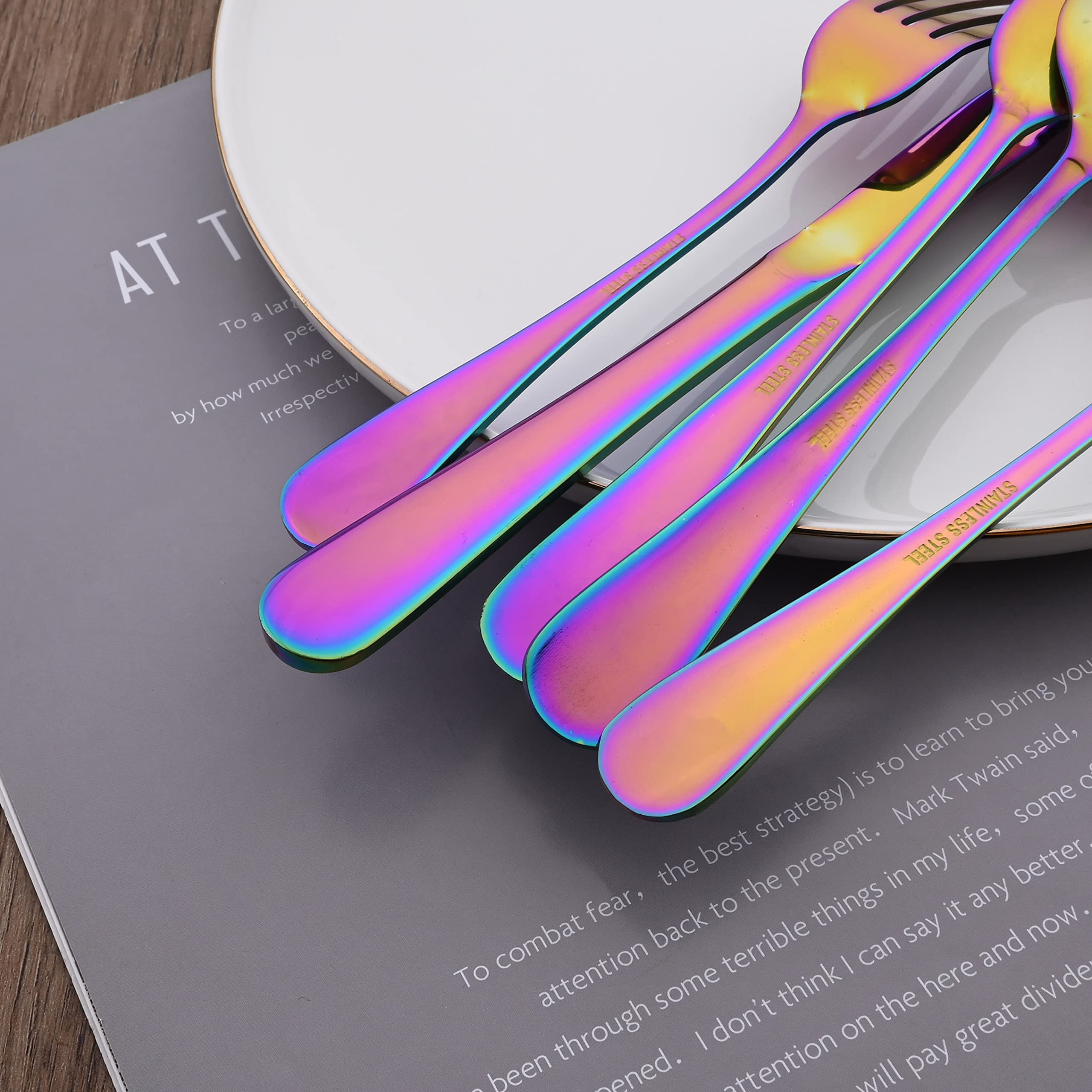 12-Piece Rainbow Stainless Steel Flatware Set - Mirror Polished Dinner Forks & Spoons (8 Inch, Dishwasher Safe) - Perfect for Parties, Weddings, and Everyday Dining