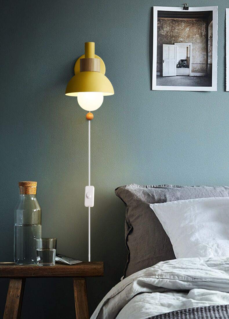 Romantic Warm Yellow Plug-in Wall Lamp - 5.9ft Cord with Button Switch, Macaron Wall Sconce Spotlight for Bedside Reading (Bulbs Not Included) | Perfect for Bedrooms, Living Rooms & Cozy Reading Nooks
