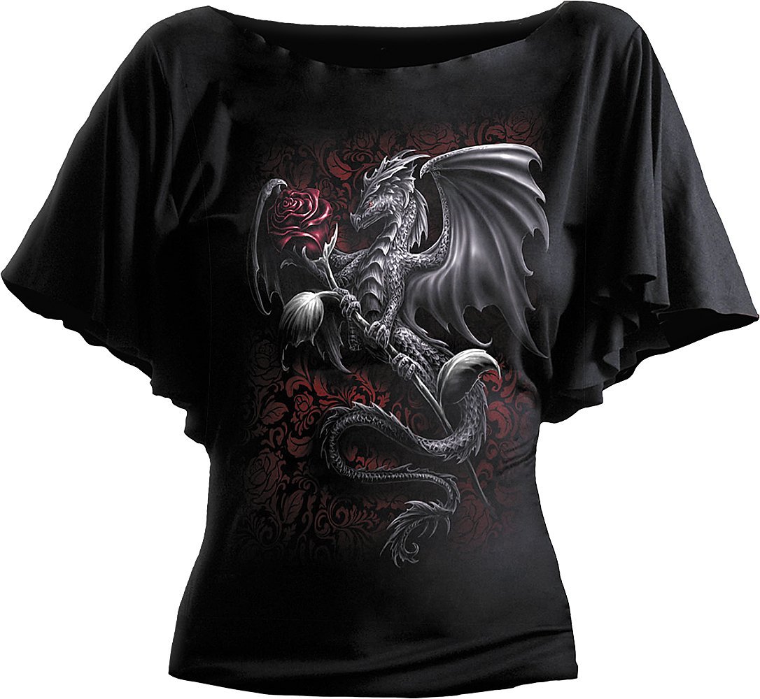 Dragon Rose Spiral Bat Sleeve Boat Neck Black Top for Women - Gothic Fashion, Halloween Costume, Cosplay Outfit