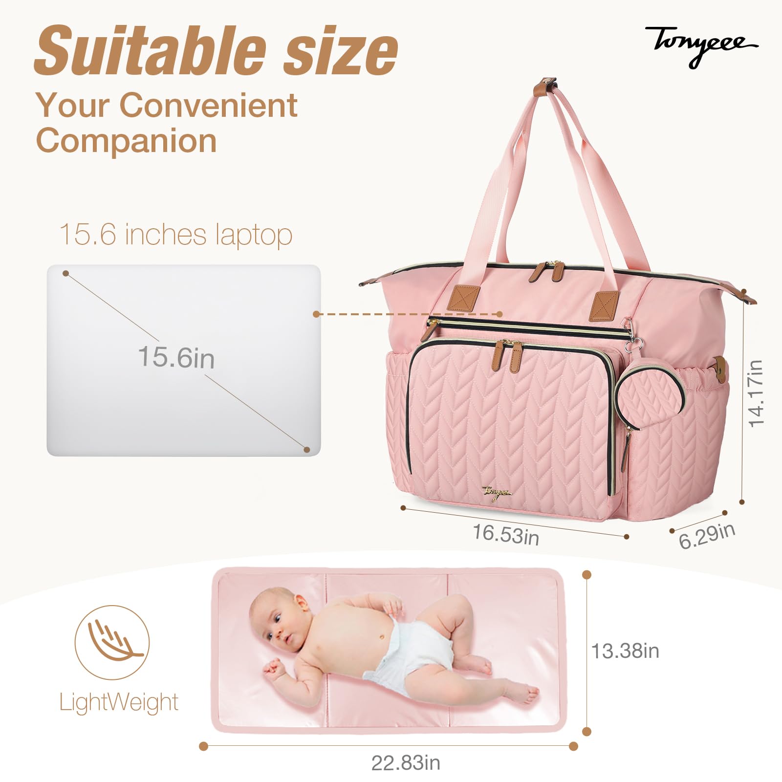Waterproof Large Diaper Bag Tote with Changing Pad & Pacifier Case - Hospital Delivery Bag for Labor, Baby Travel Essentials, Pink (Perfect for Moms On-the-Go, Hospital Visits & Family Outings)