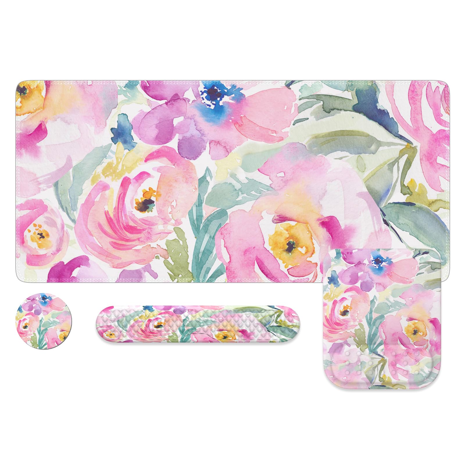HAOCOO Large Ergonomic Mouse Pad with Wrist Rest - 4-Piece Desk Mat Set with Memory Foam Gaming Mousepad & Coaster - Pink Floral Design for Women - Perfect for Office, Gaming & Laptop Use