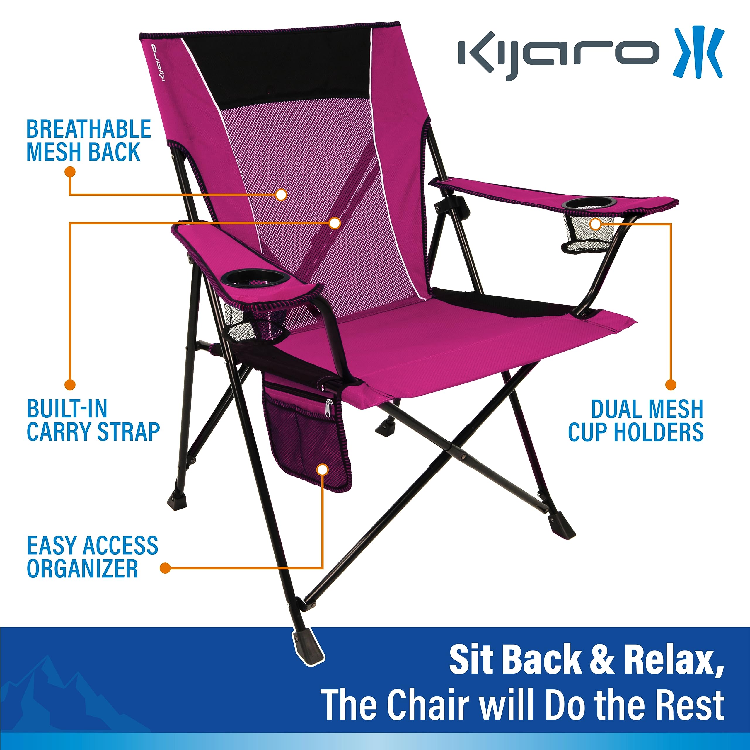 Kijaro Dual Lock Portable Camping Chair - Lightweight Folding Chair for Outdoor, Beach, Picnic, Sports, Lawn & Backyard - Adjustable & Sturdy with Dual Lock Technology - Perfect for Camping, Hiking, BBQs & Tailgating (Hanami Pink)