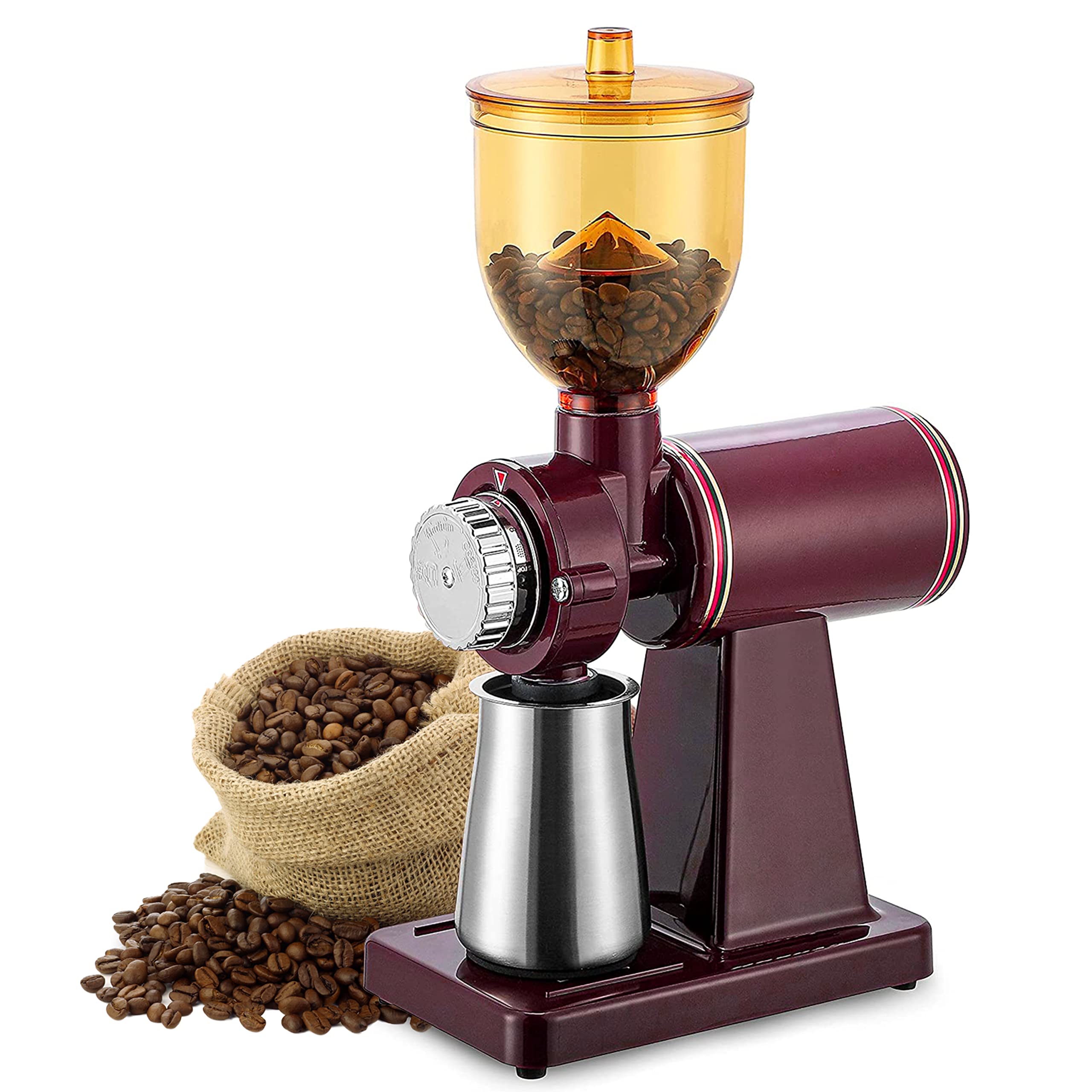 Upgraded RRH Electric Burr Coffee Grinder - Professional Automatic Coffee Bean Mill with 250g Stainless Steel Hopper, 110V (Red) - Perfect for Home, Office & Coffee Shops