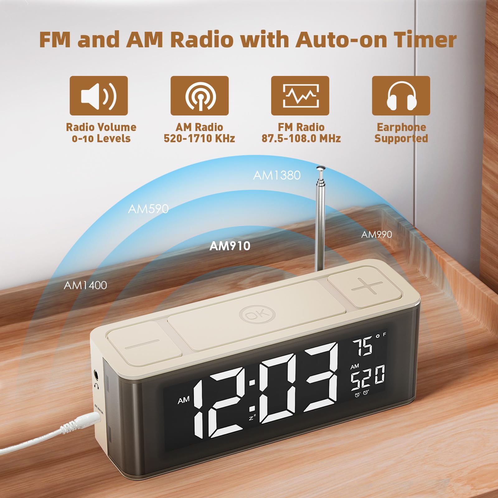 I·CODE Digital Alarm Clock Radio with AM/FM, Auto-On Timer, Dual Alarm, Snooze, Temperature Display & Loud Speaker - Large LED Display with Easy-Set Buttons for Bedroom, Office or Travel Use