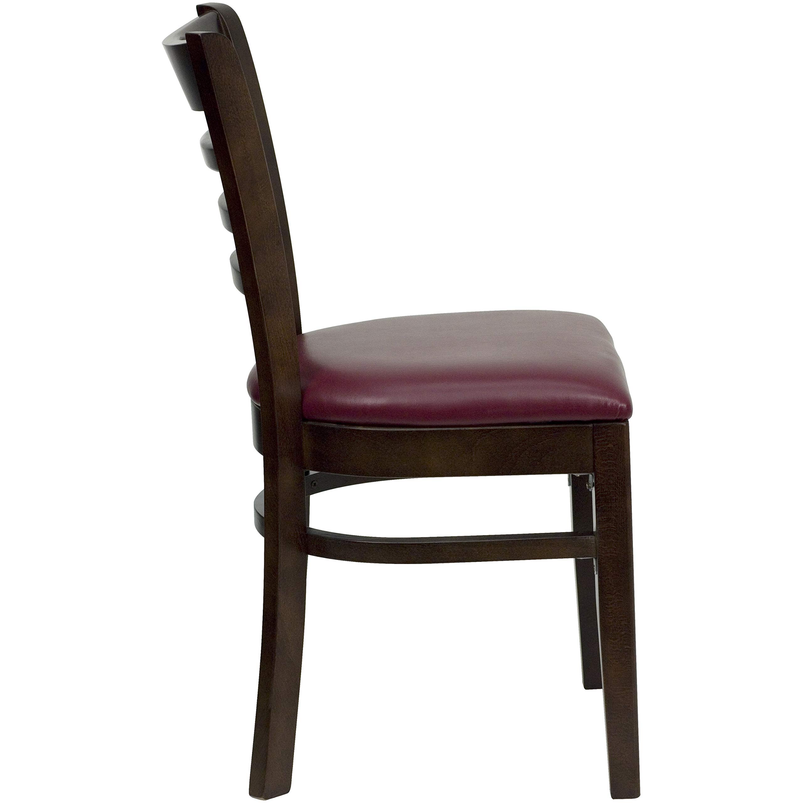 2 Pack Walnut Wood Ladder Back Dining Chairs with Burgundy Vinyl Upholstered Seats - Sturdy Restaurant Chairs for Home Kitchen, Cafe, Bistro & Dining Room