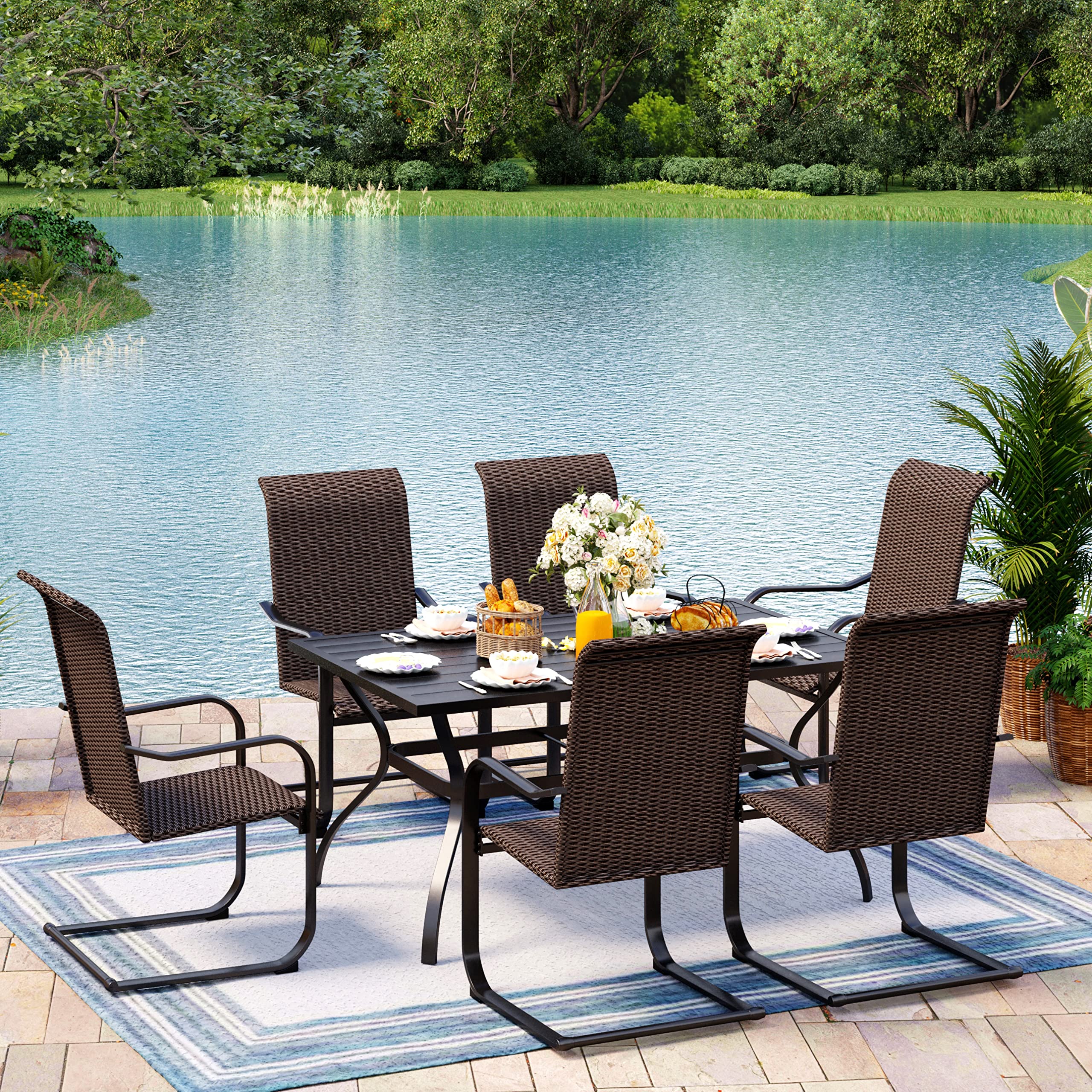 MIXPATIO 7-Piece Outdoor Patio Dining Set with 4 Rattan Chairs & 1 Metal Table (1.57