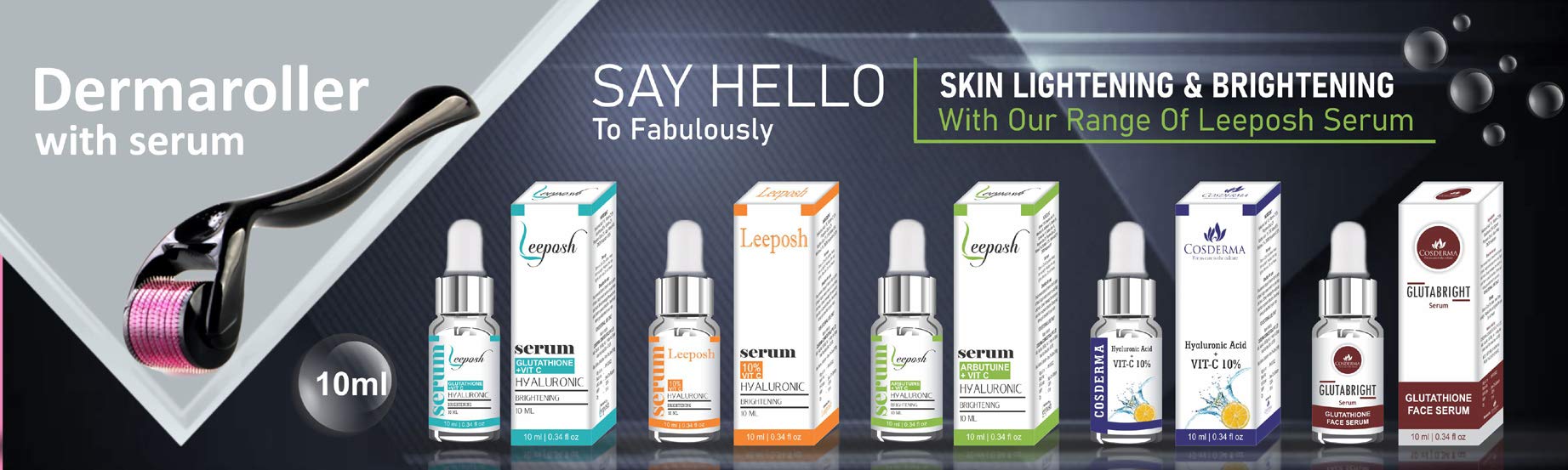 LEEPOSH Vitamin C Glutathione Hyaluronic Acid Serum with Derma Roller - Brightening & Anti-Aging Face Treatment for Dark Spots & Wrinkles | Perfect for Night Skincare Routine & Daily Hydration